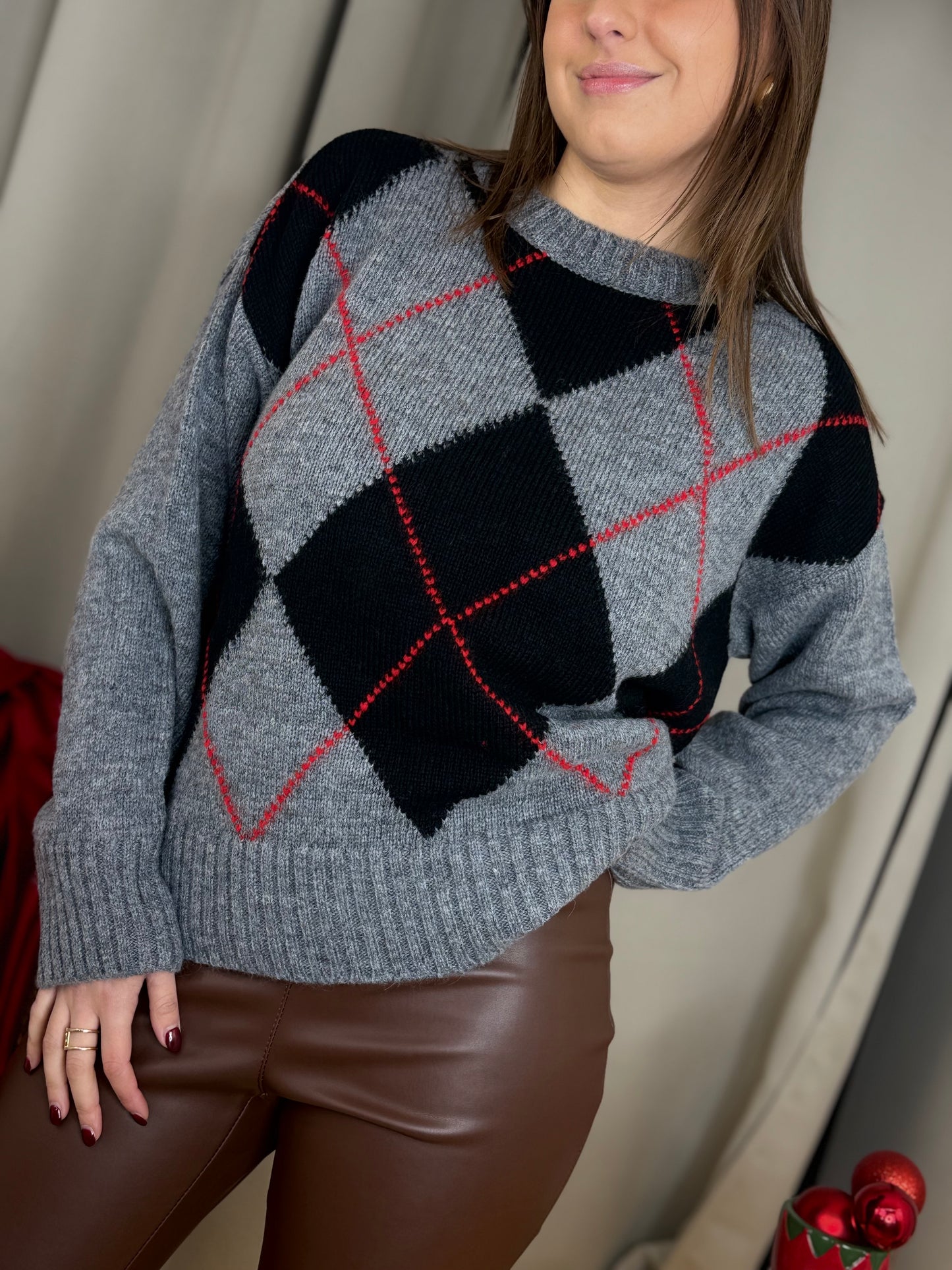 Tensione In maglia in lana rombi NERO/GRIGIO/ROSSO