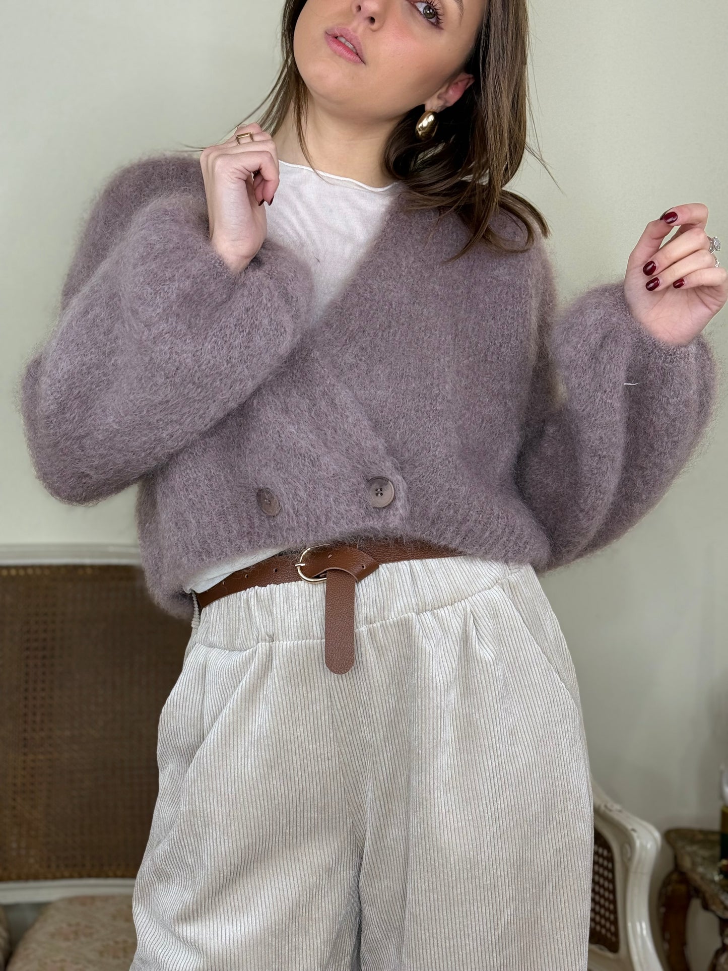 Cardigan cropp in kid mohair scollo a V TAUPE