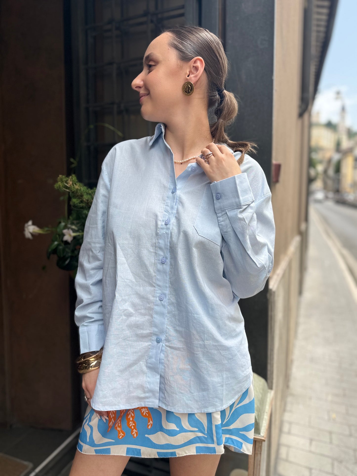 Camicia cotone e lino GESSO/ CIELO