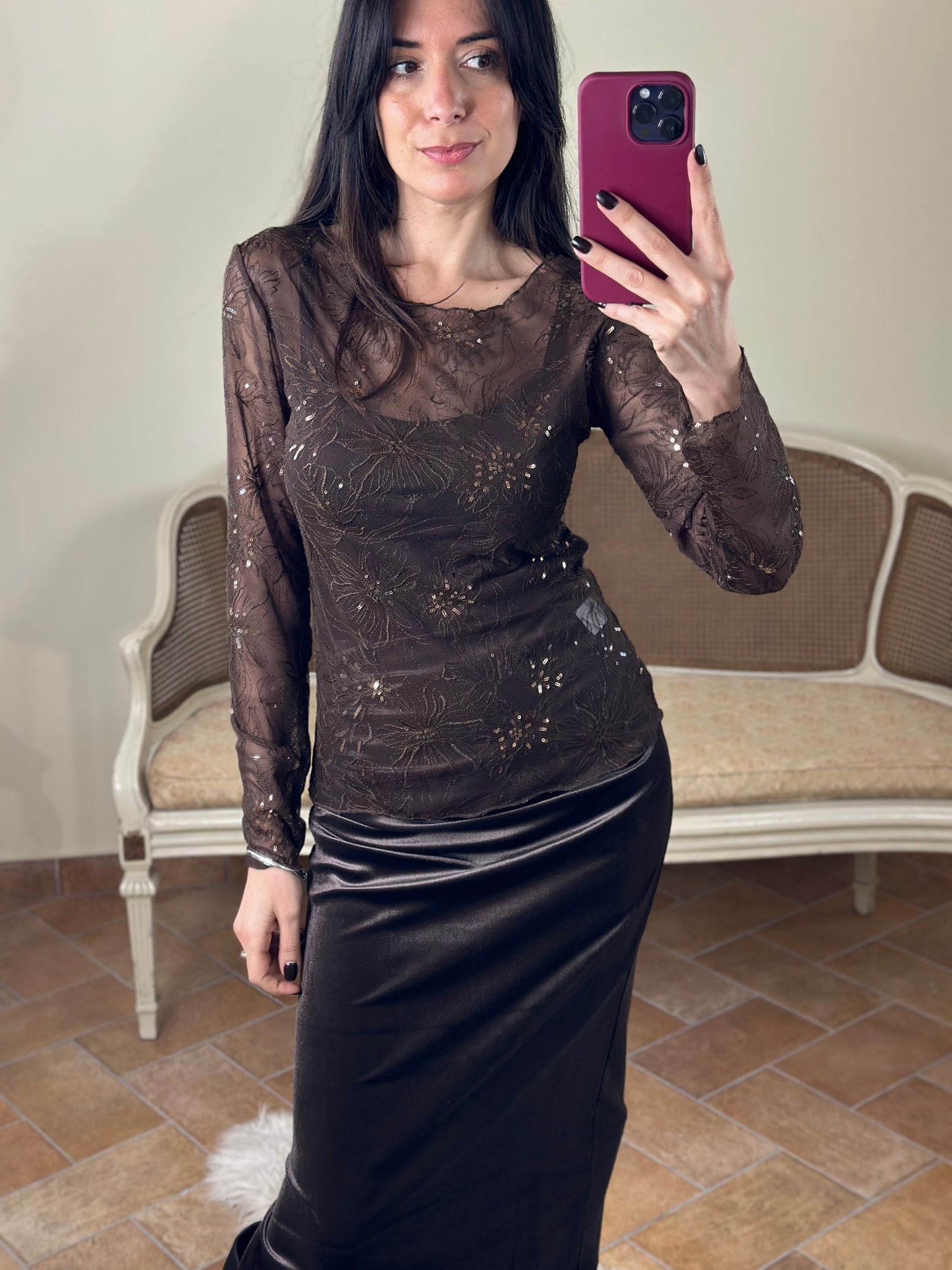 Maglia in pizzo CIOCCOLATO con micro paillettes