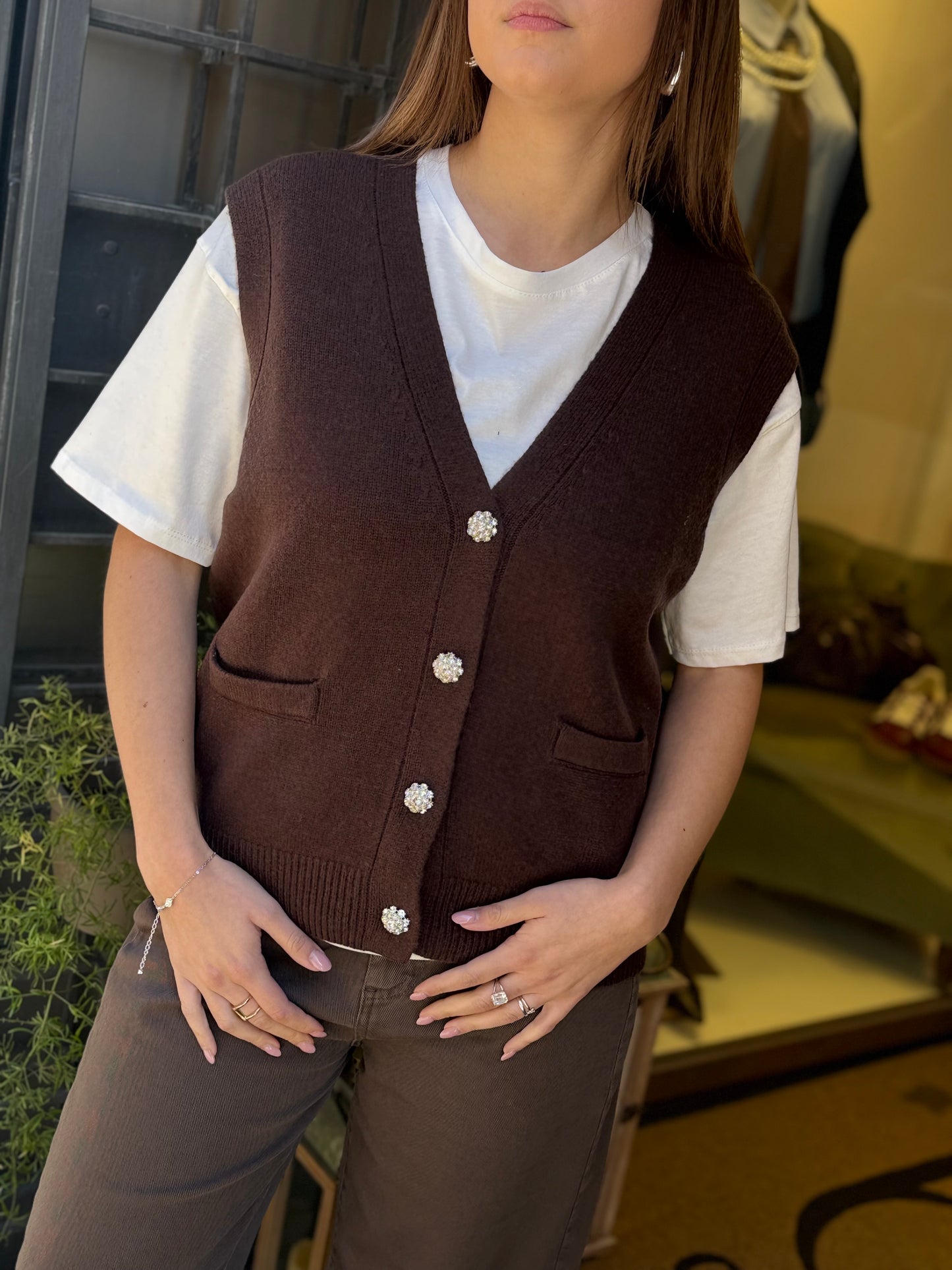 Gilet CELINE bottoni gioiello scollo a V CIOCCOLATO