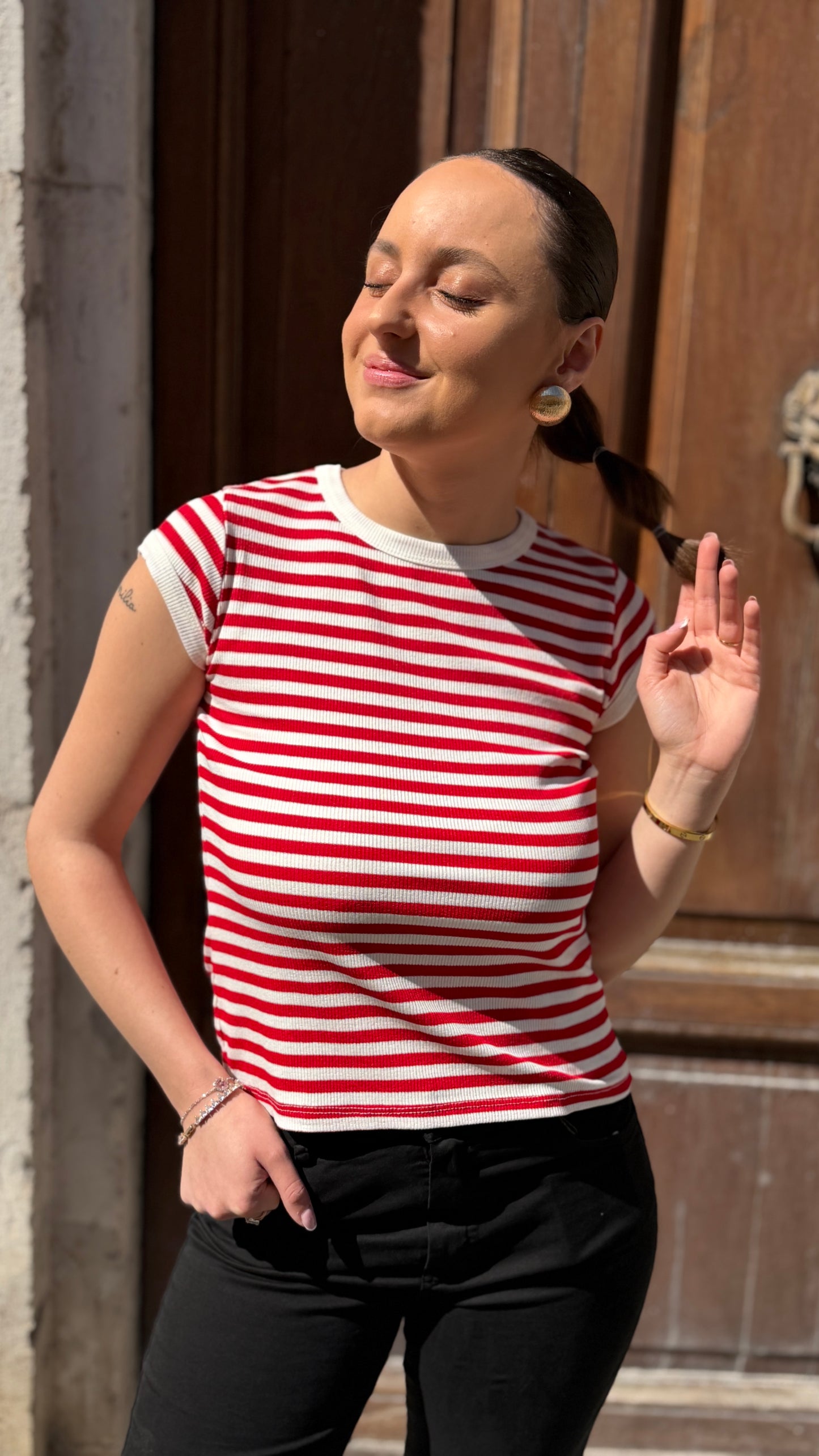 Tensione in t-shirt costina rigata Bianco/rosso