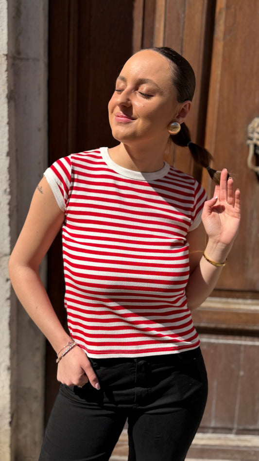 Tensione in t-shirt costina rigata Bianco/rosso