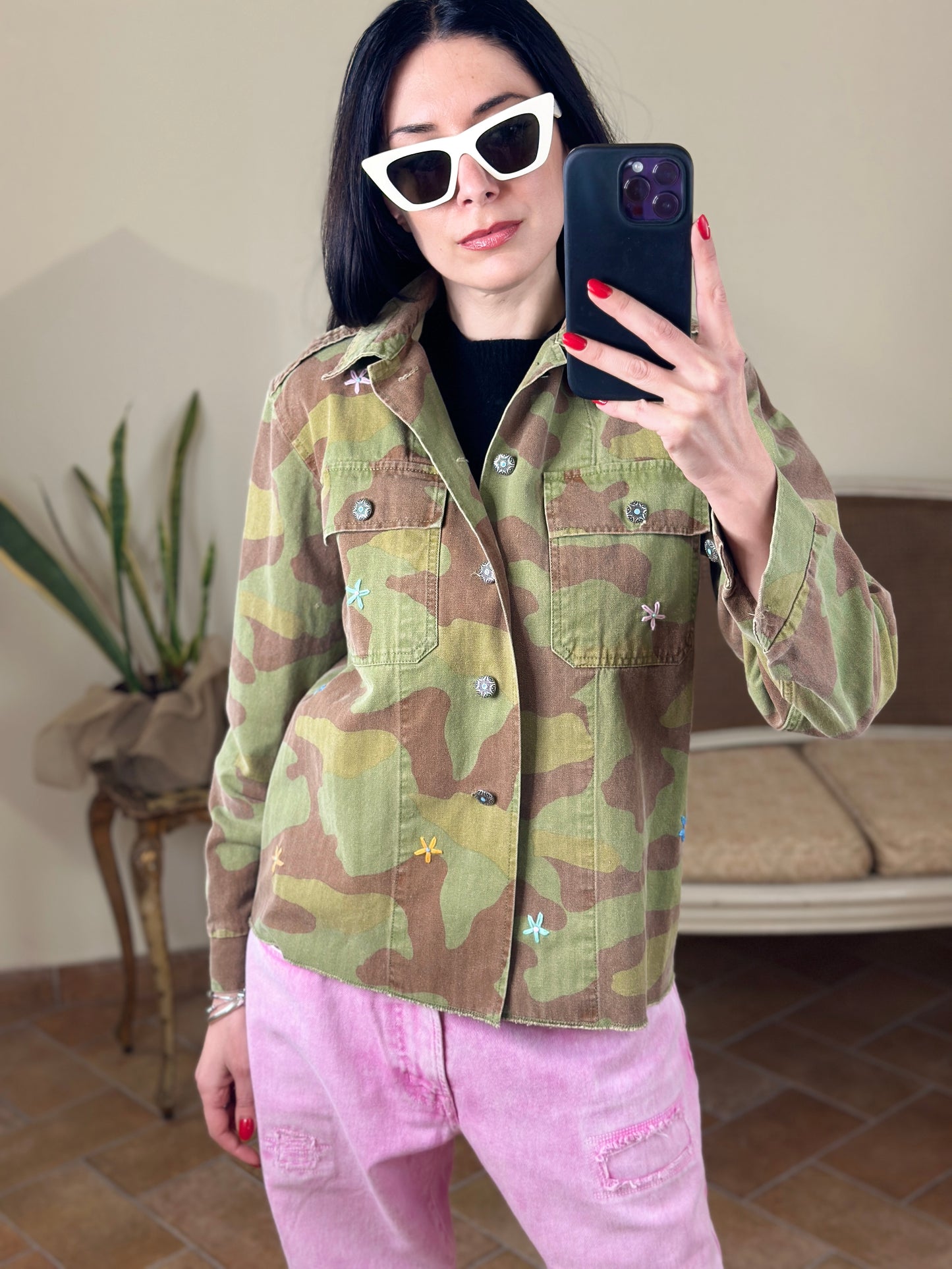 SINCE'RE hand embroidery flowers overshirt camouflage