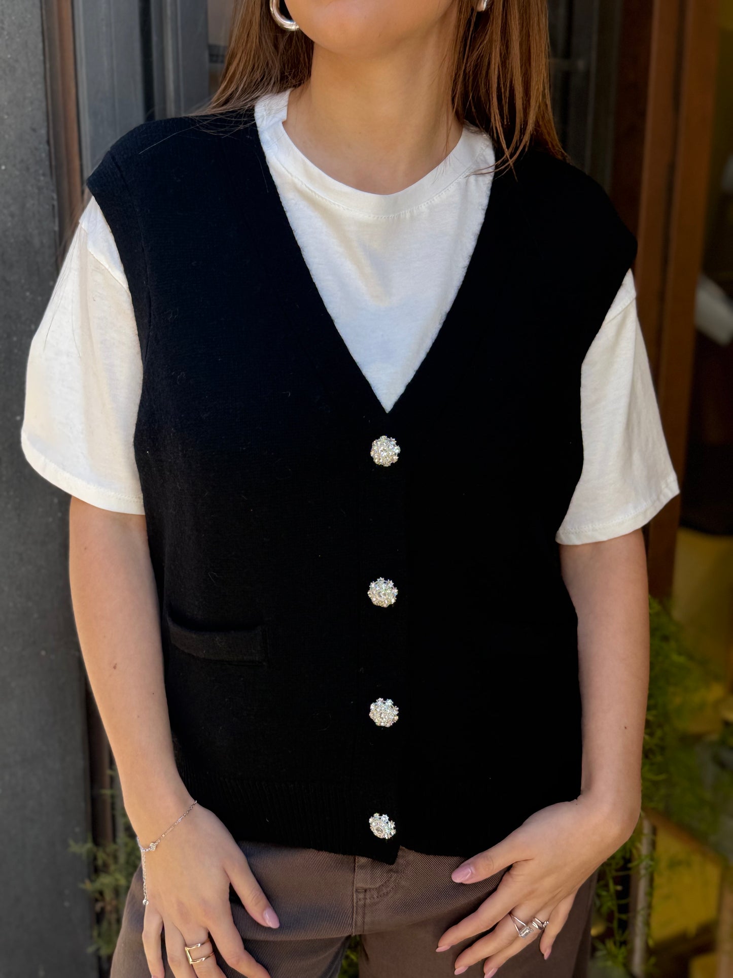 Gilet CELINE bottoni gioiello scollo a V NERO