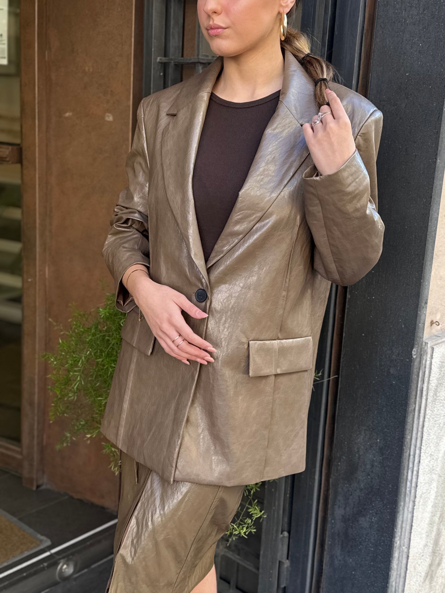 Eleh Blazer in ecopelle stropicciata VERDE OLIVA