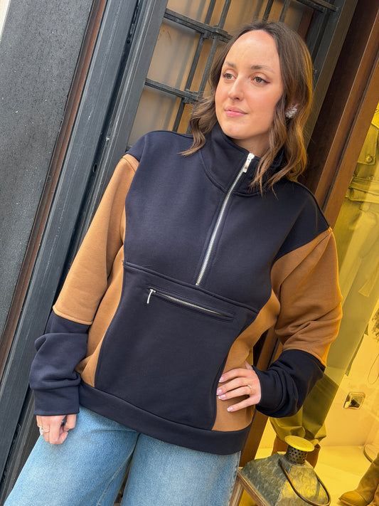 Tensione in Felpa bicolore con zip blu/tabacco