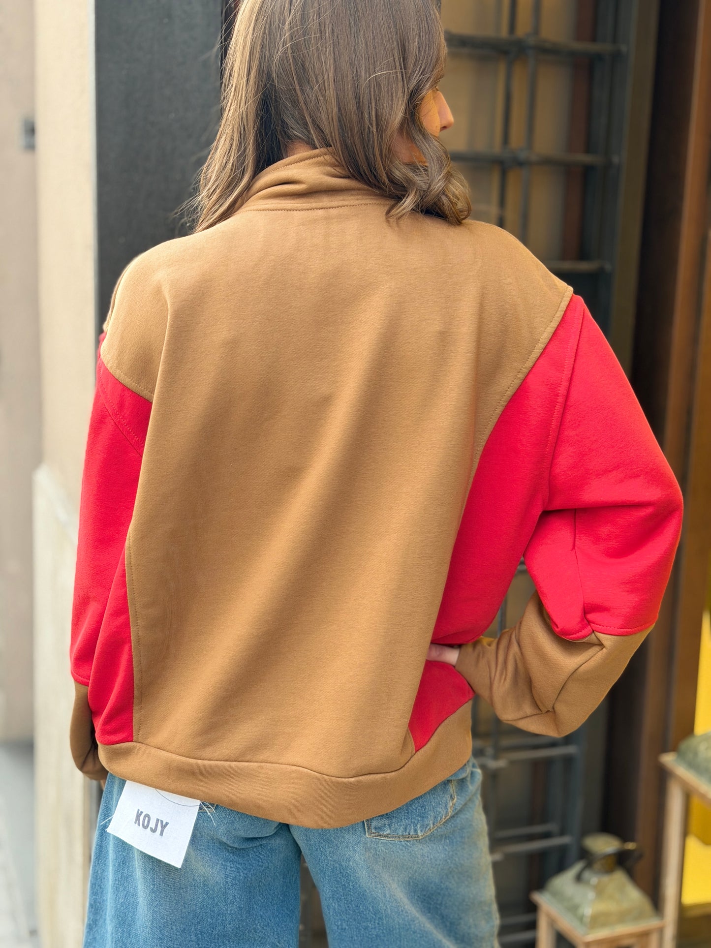 Tensione in Felpa bicolore con zip Rosso/tabacco