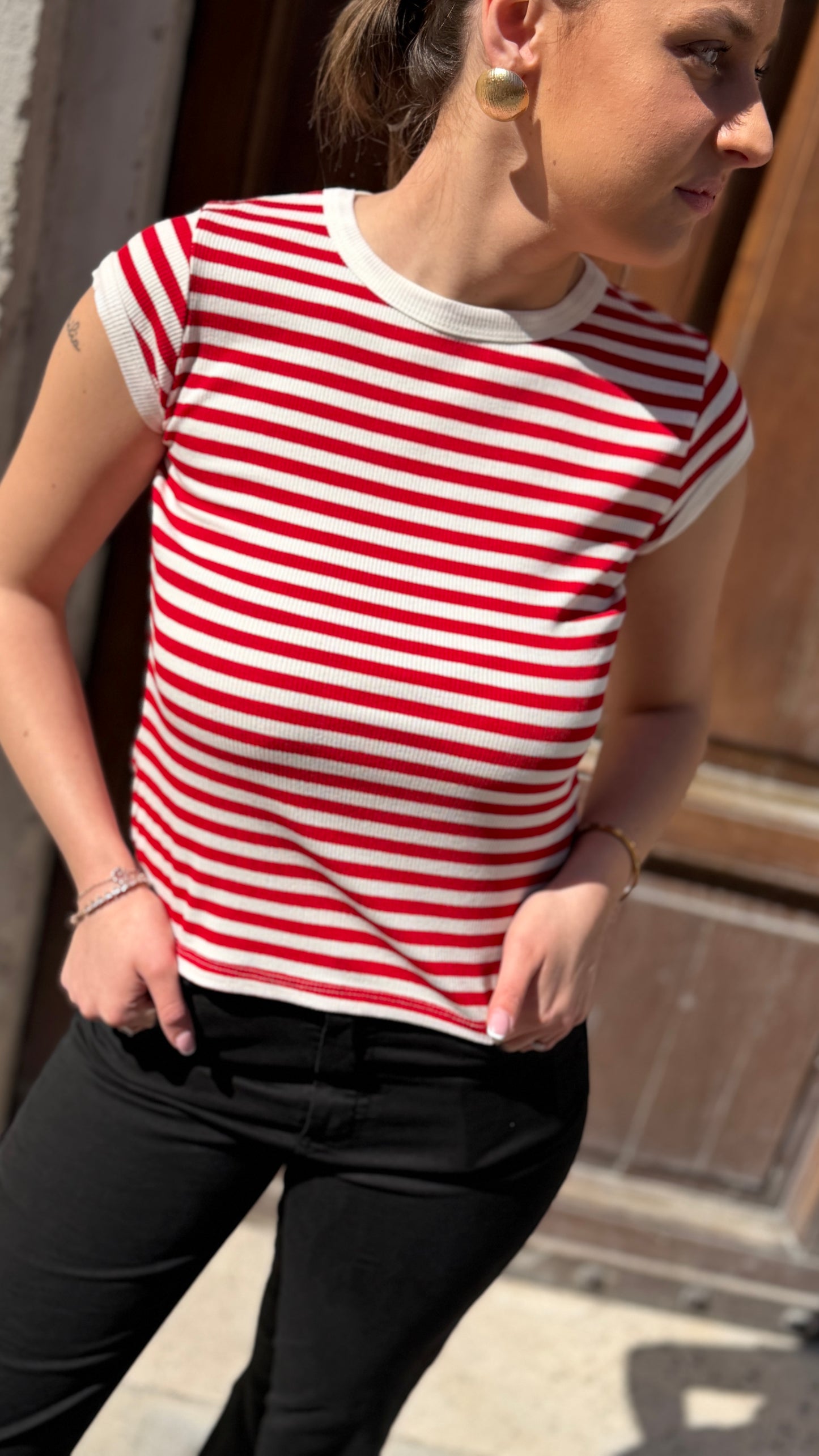 Tensione in t-shirt costina rigata Bianco/rosso
