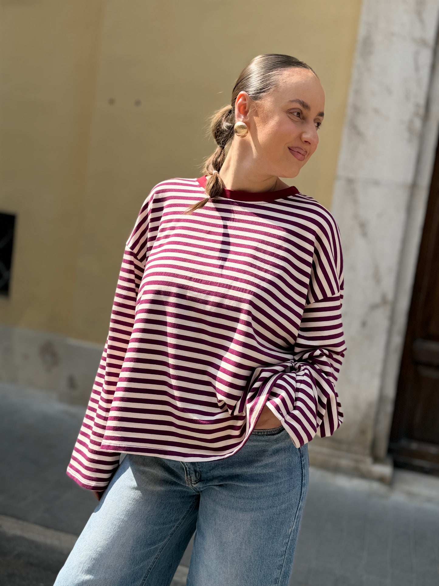 T-Shirt girocollo a righe BORDEAUX/VIOLA/BURRO