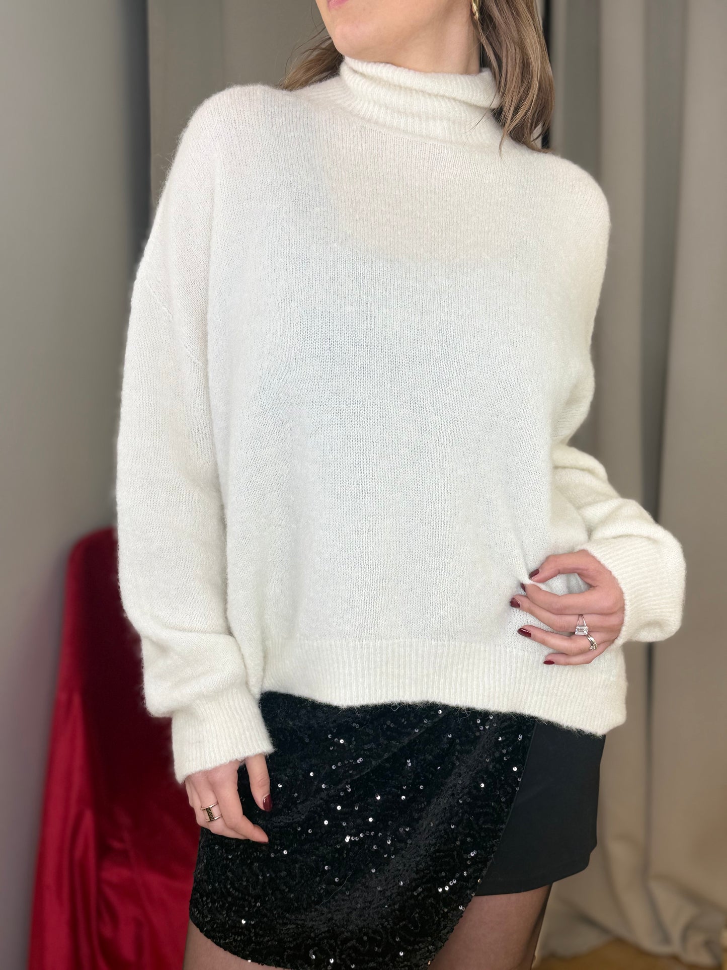 Maglia collo rialzato in baby alpaca PANNA