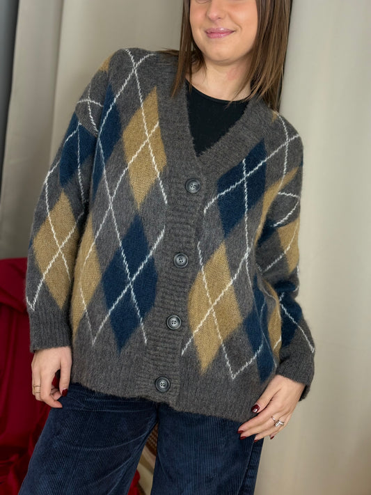 Tensione In cardigan rombi in mohair ANTRACITE/BLU/CAMEL