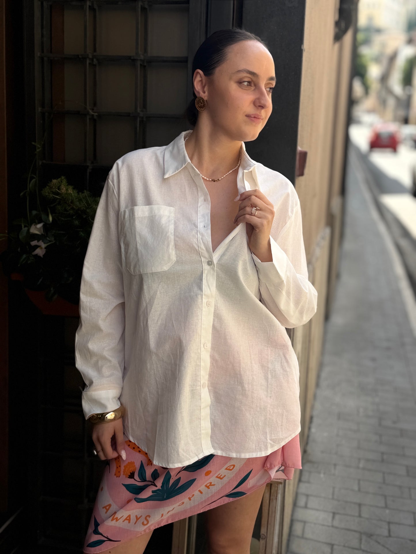 Camicia cotone e lino GESSO/ CIELO