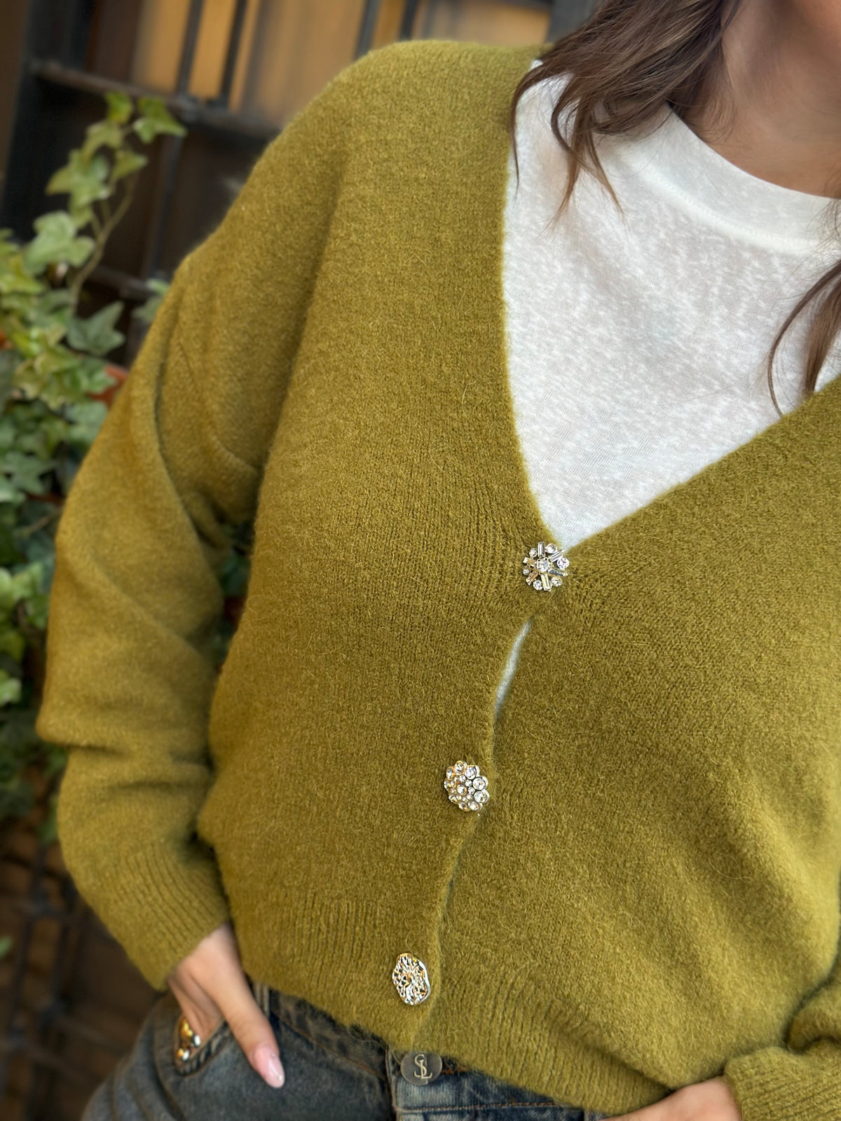 Cardigan alpaca con bottone gioiello (disp.in più colori)