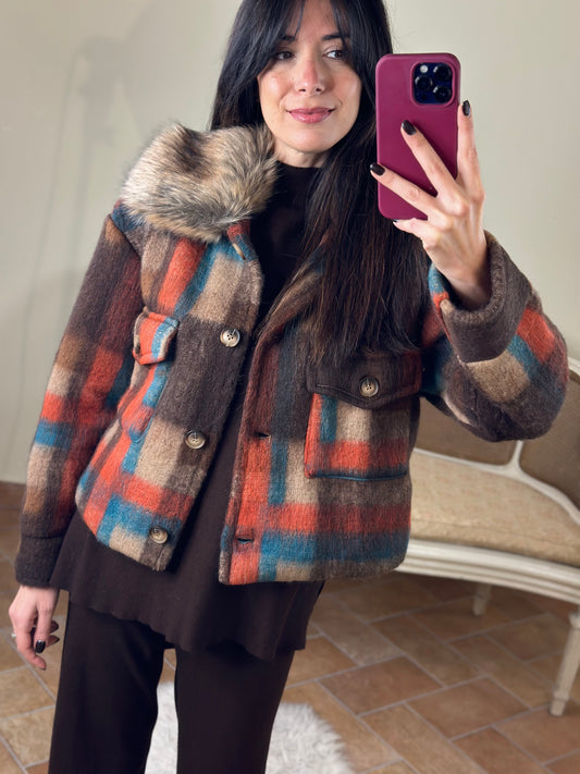 Cappotto crop in lana check con colletto pelliccia  MORO/ARANCIO/BLUETTE