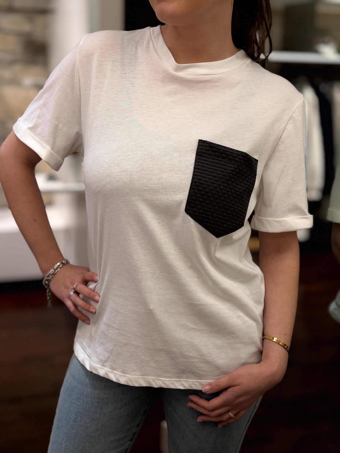 Tensione in T-shirt tasca in ecopelle BIANCA/ MORO