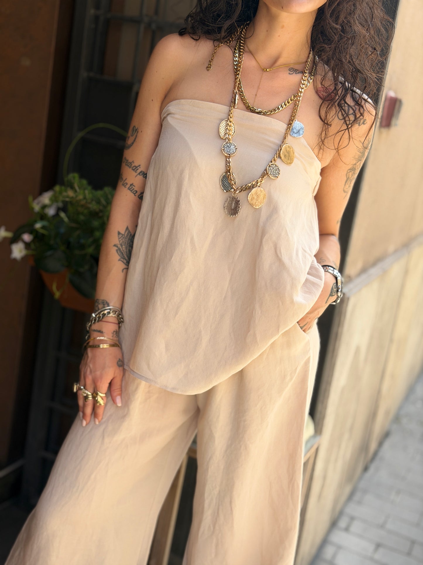 Tensione in Completo Top+Pantalone Gesso e tabacco