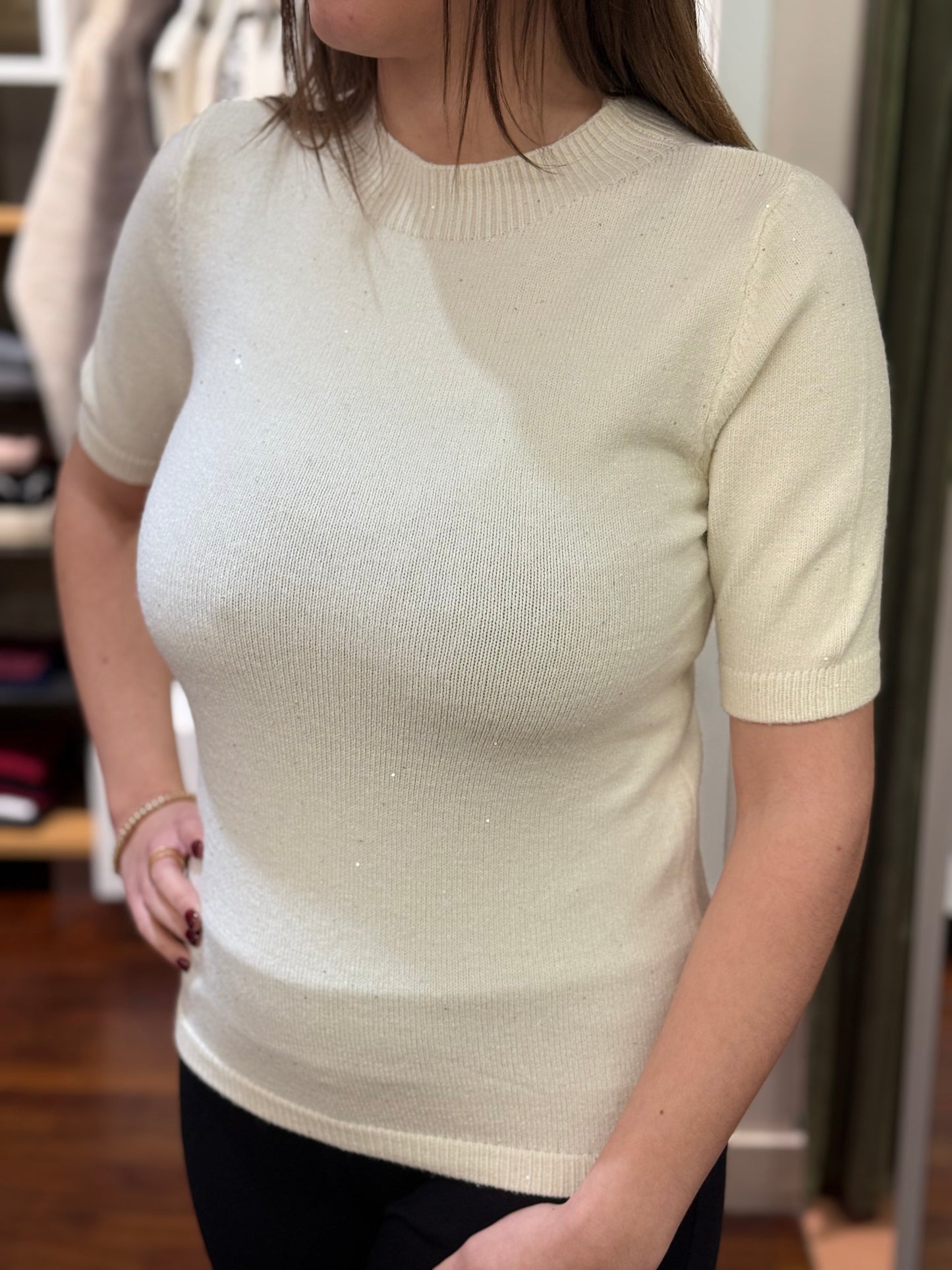 Maglia manica corta con micro paillettes PANNA