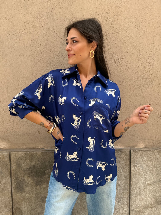 Tensione in Camicia stampa cavalli BLU e BORDEAUX