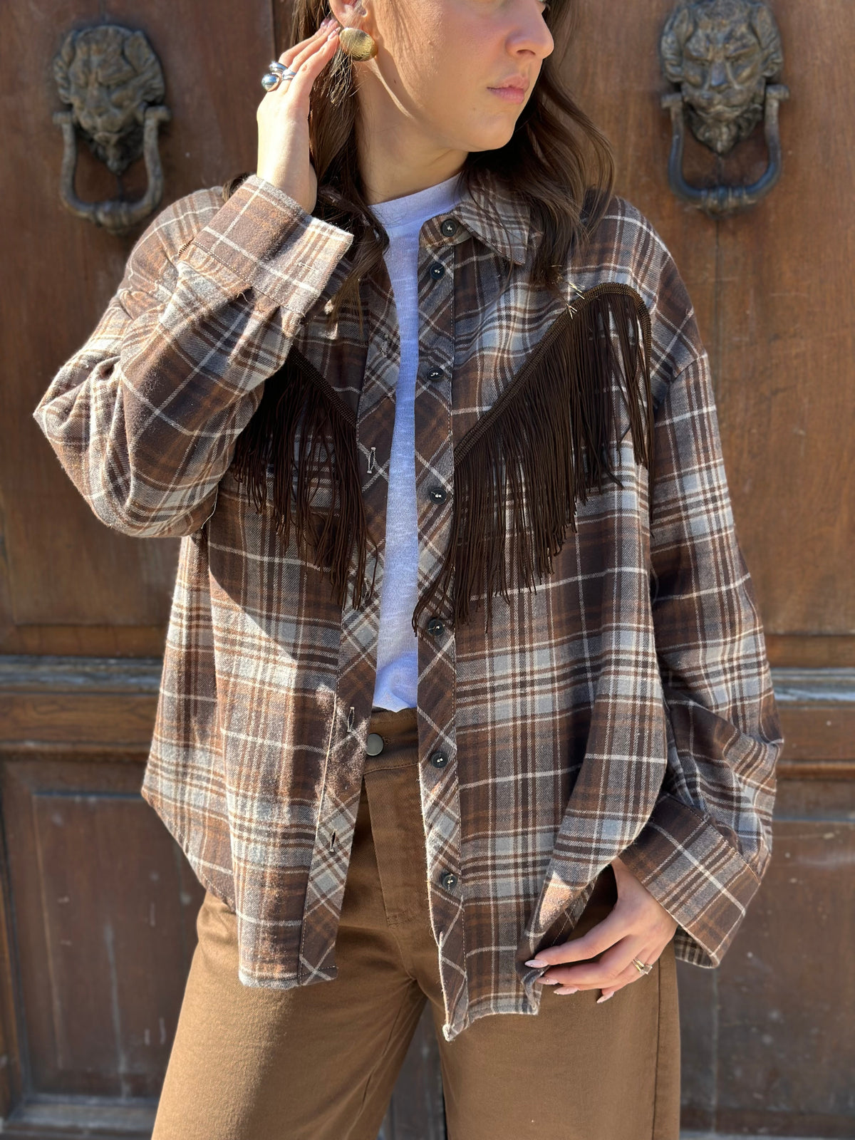 Tensione in camicia quadro frange COGNAC/BIANCO/AZZURRO