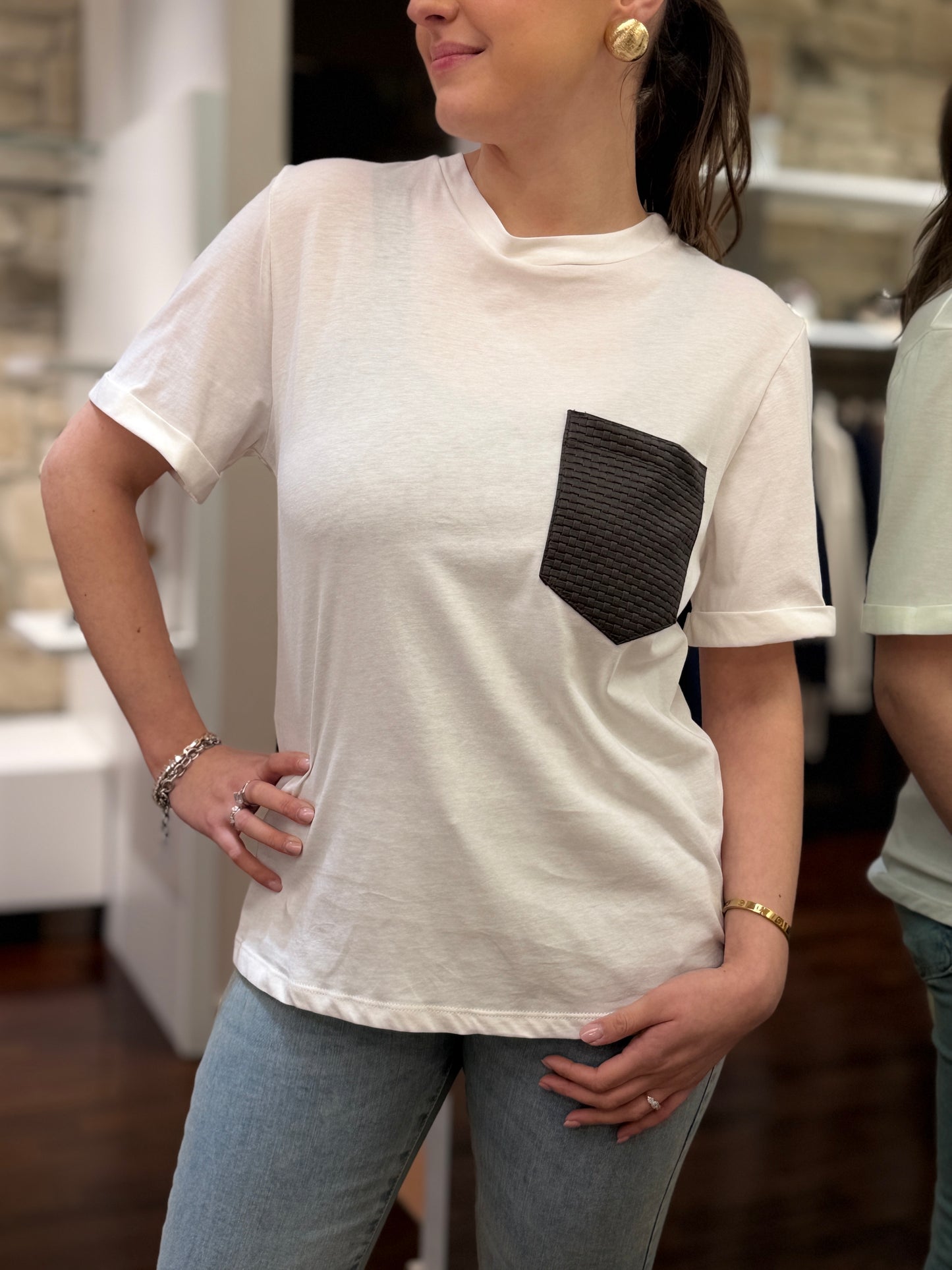 Tensione in T-shirt tasca in ecopelle BIANCA/ MORO