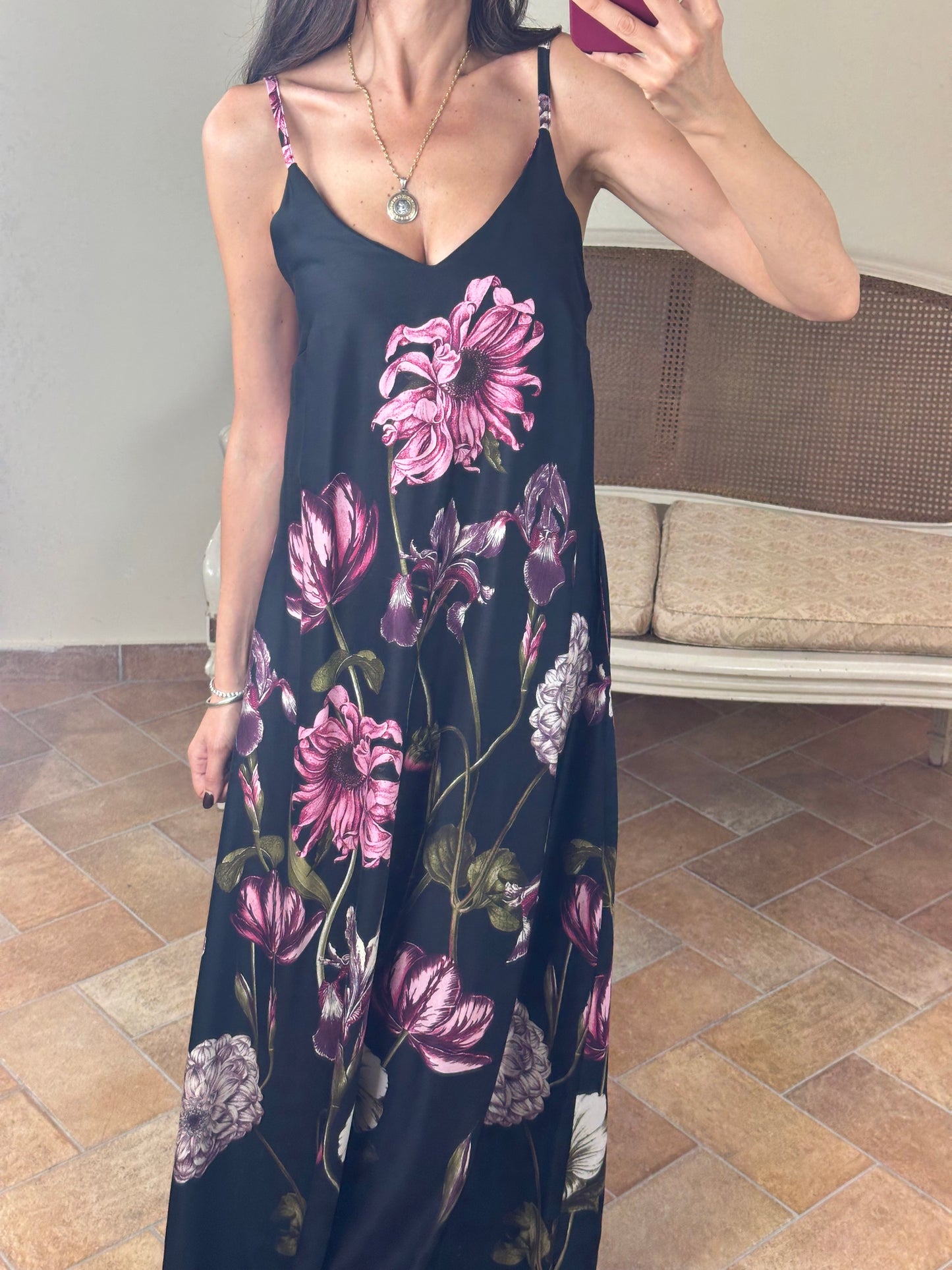 Abito lingerie NERO con stampa floreale