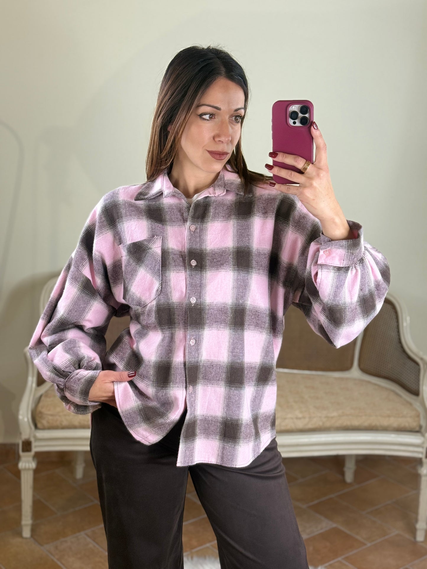 Camicia BRENDA check in flanella ROSA/MORO