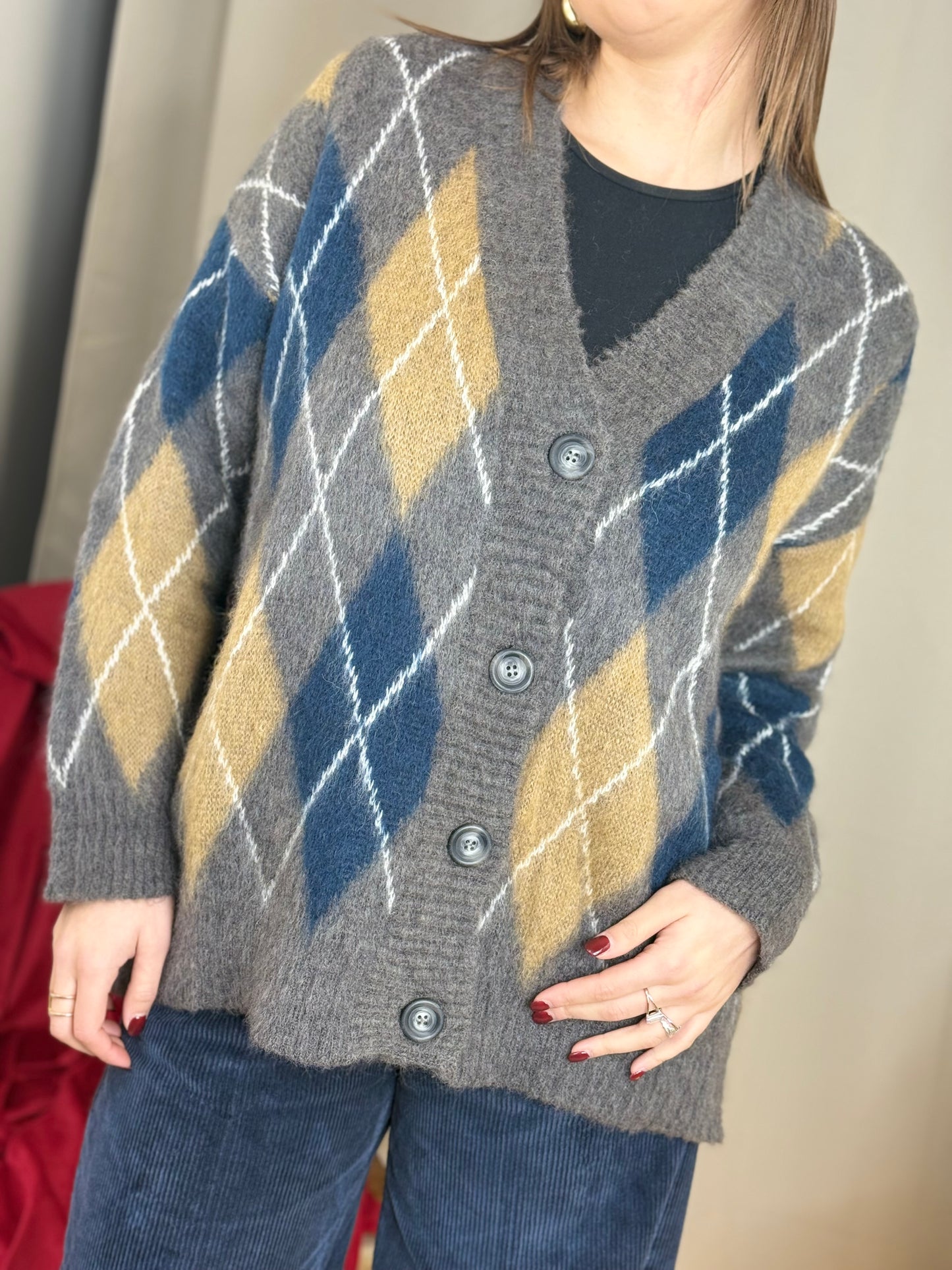 Tensione In cardigan rombi in mohair ANTRACITE/BLU/CAMEL