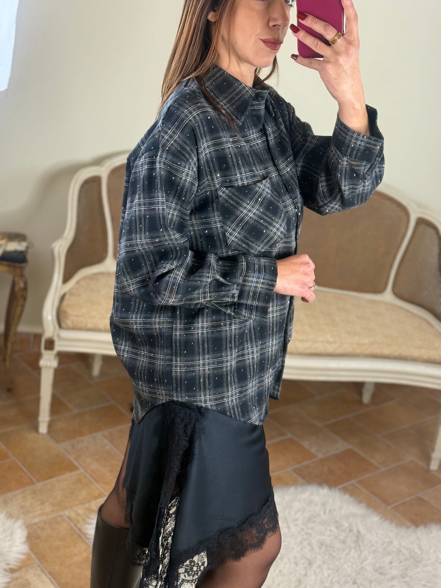 Camicia JOY quadri con punti luce NERO/BIANCO