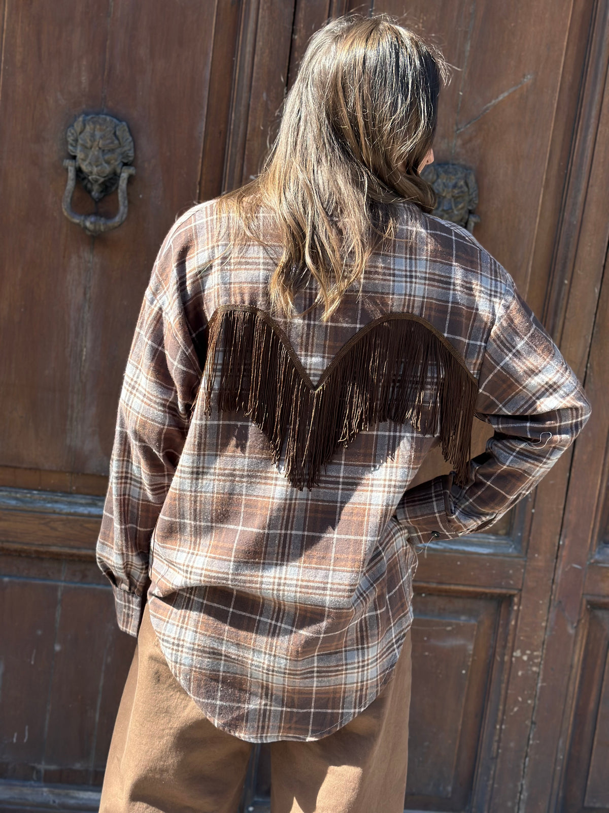Tensione in camicia quadro frange COGNAC/BIANCO/AZZURRO