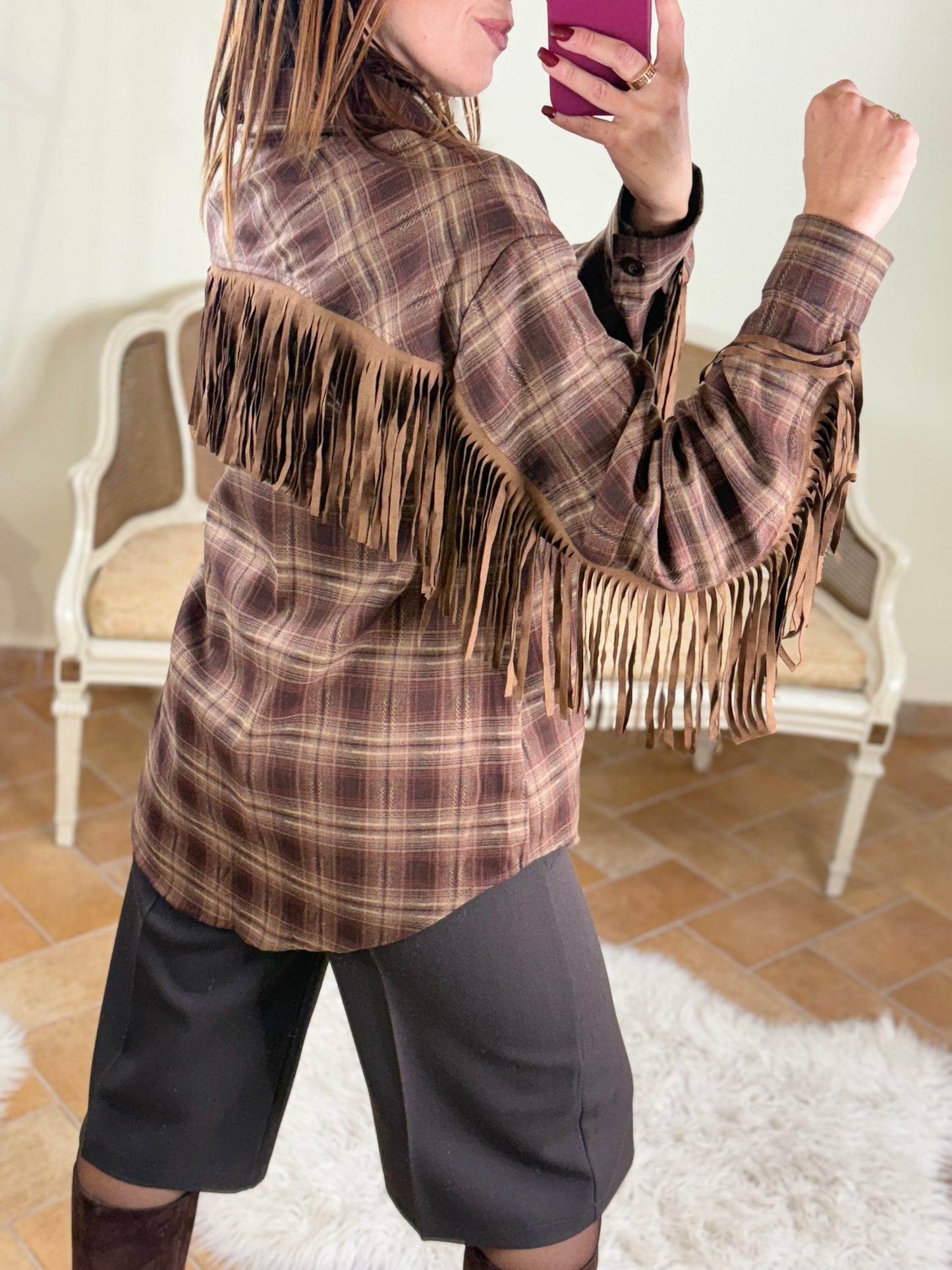 Camicia a quadri con frange BORDEAUX/BEIGE