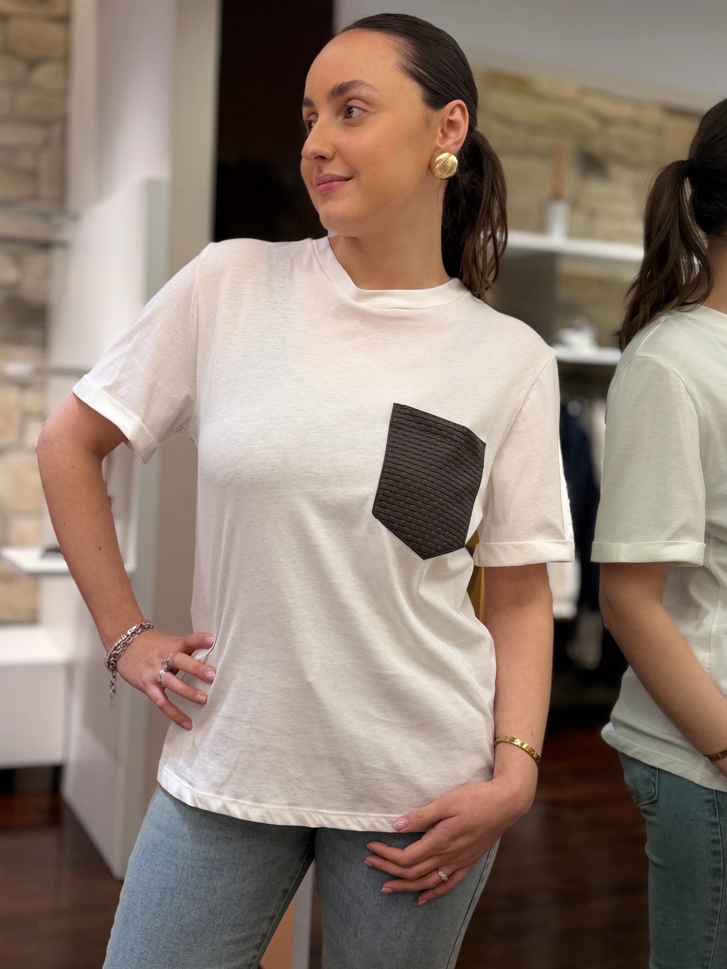 Tensione in T-shirt tasca in ecopelle BIANCA/ MORO