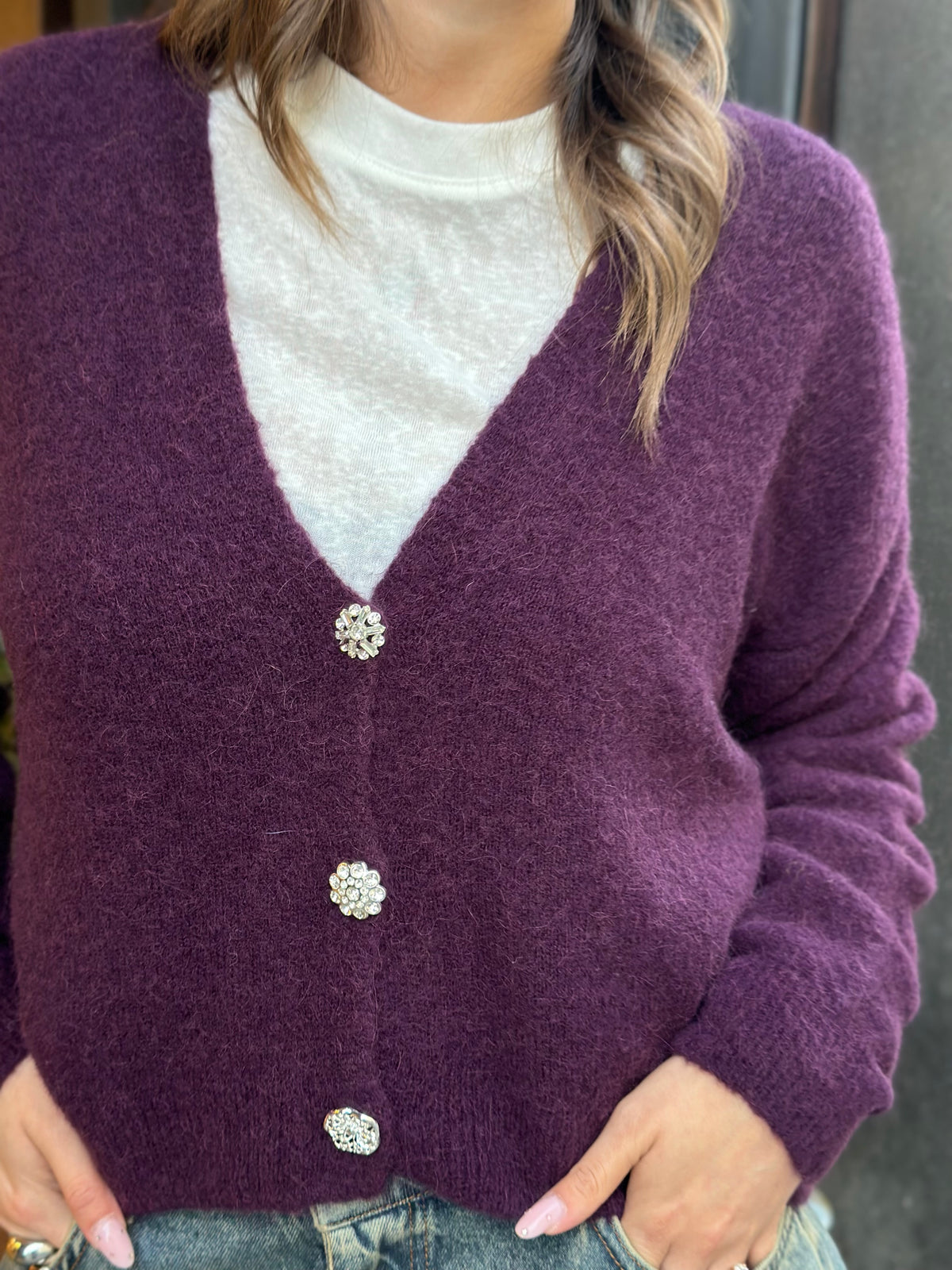 Cardigan alpaca con bottone gioiello (disp.in più colori)