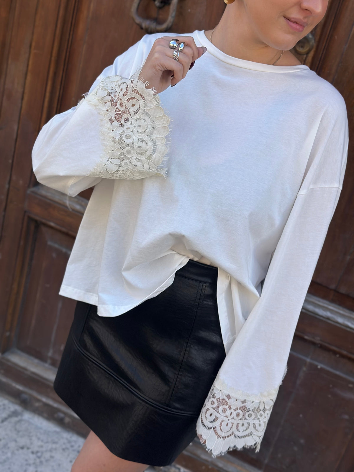 Tensione in T-shirt pizzo PANNA/PANNA