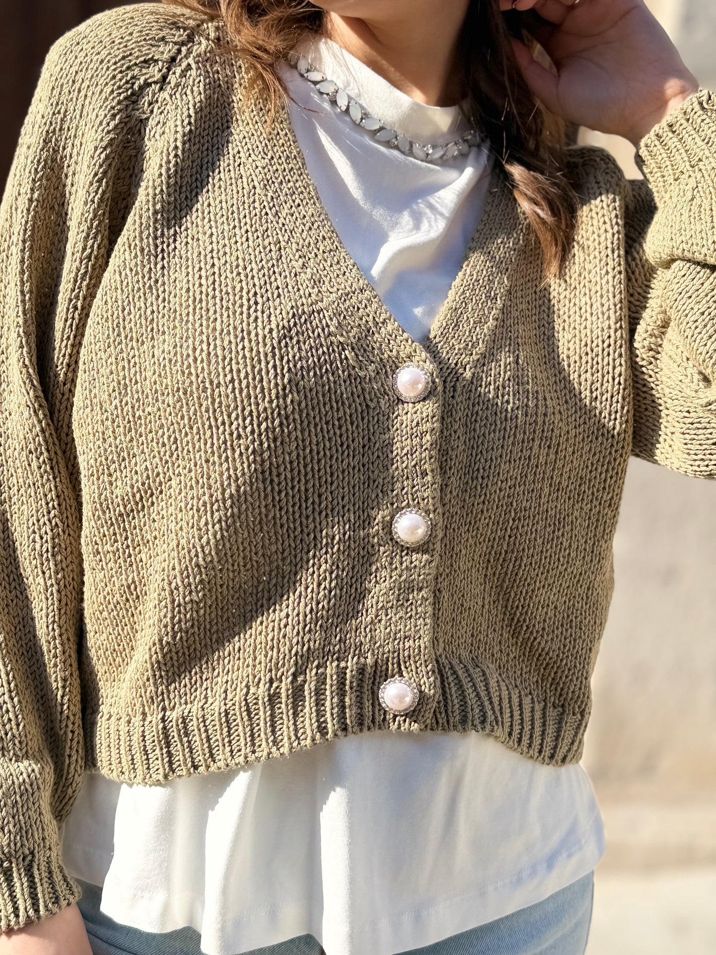 Haveone Cardigan bottone gioiello KAKI