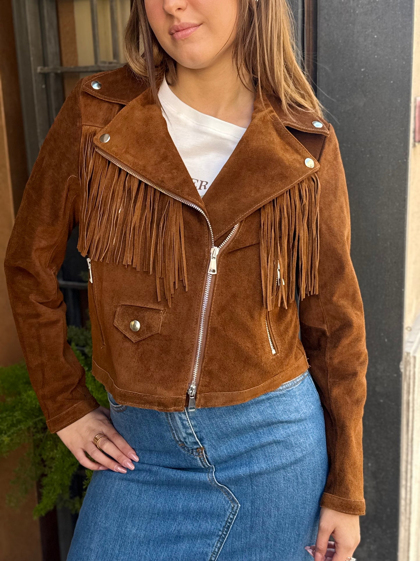 Chiodo in VERA PELLE con frange COGNAC