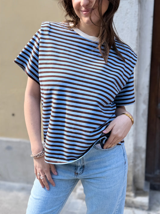 T-shirt a righe Cioccolato e celeste