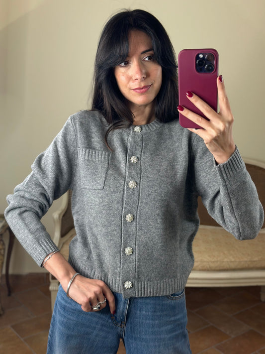 Cardigan GIORGIA con bottoni gioiello misto cashmere GRIGIO