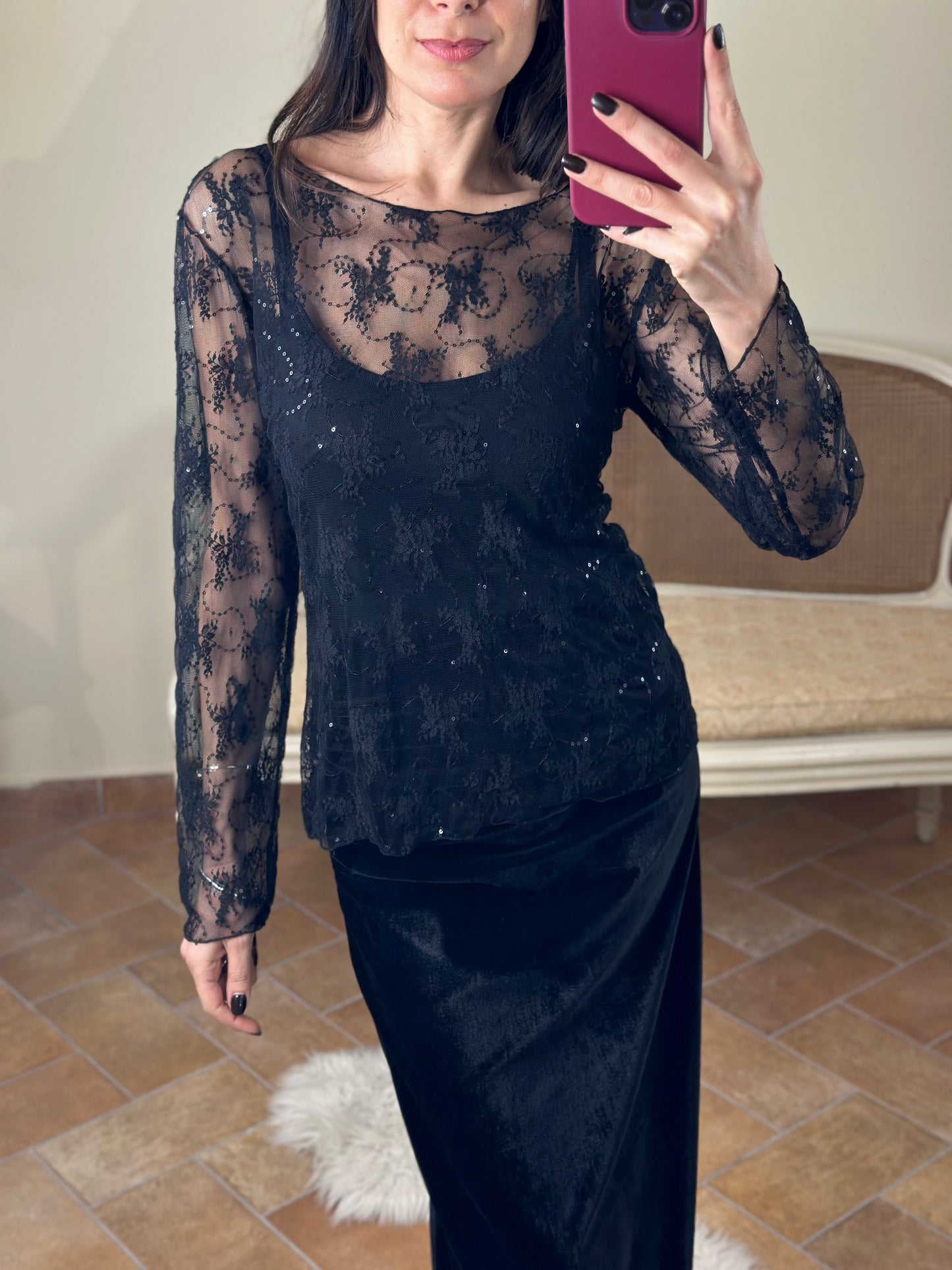 Maglia in pizzo NERA con micro paillettes