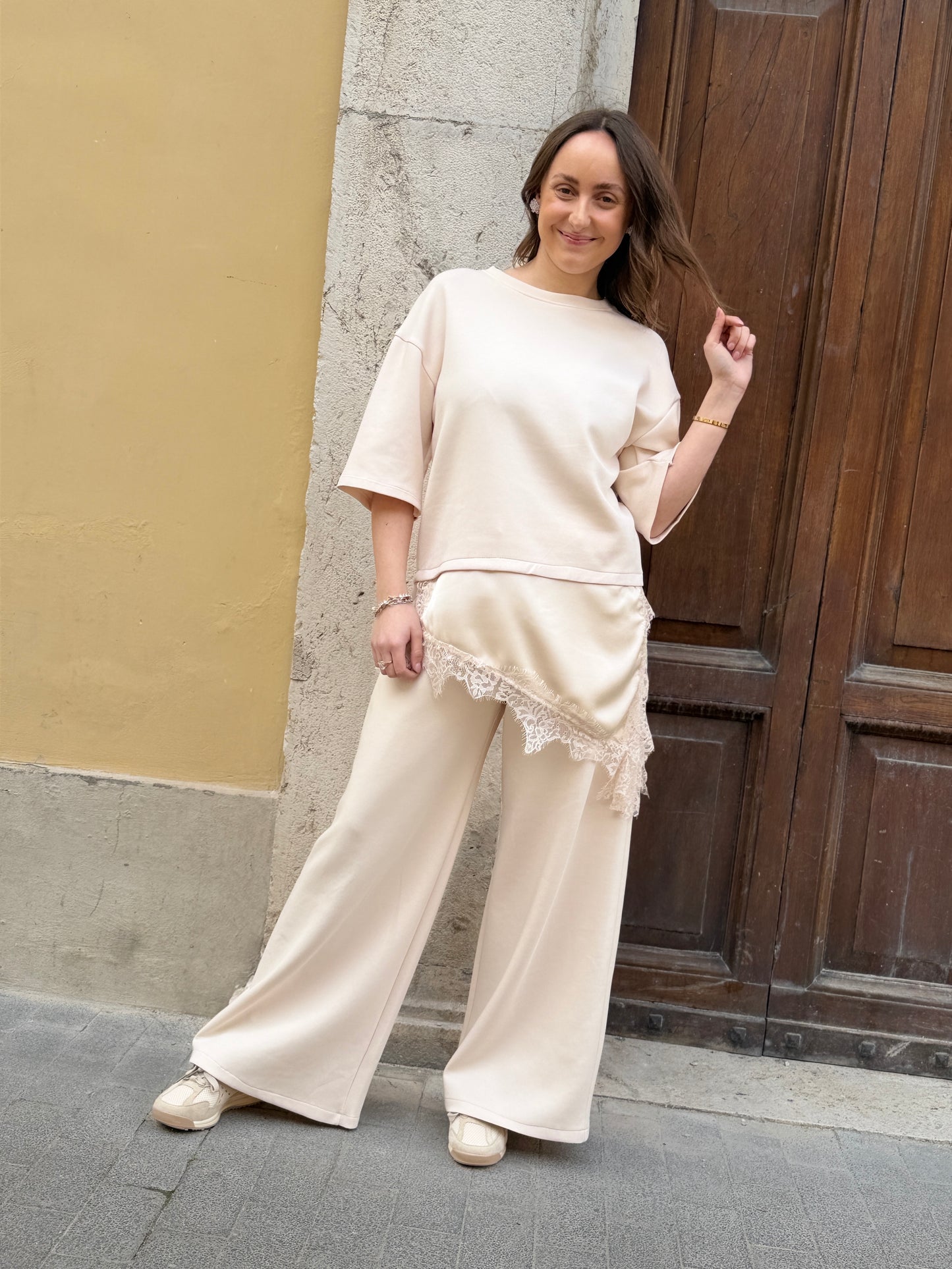 T-shirt punto milano BURRO inserto raso e pizzo