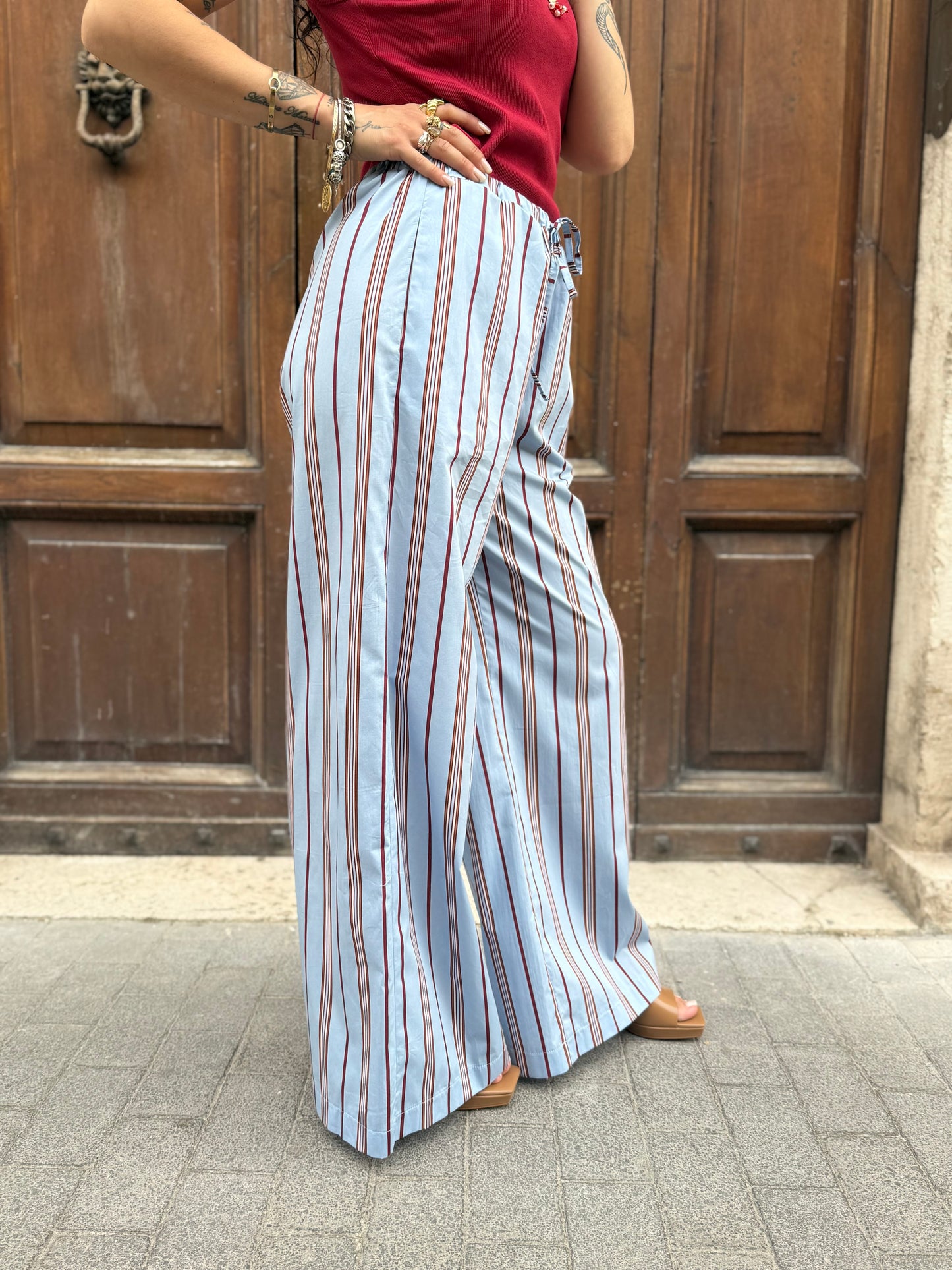 Tensione in Pantalone a righe celeste/india