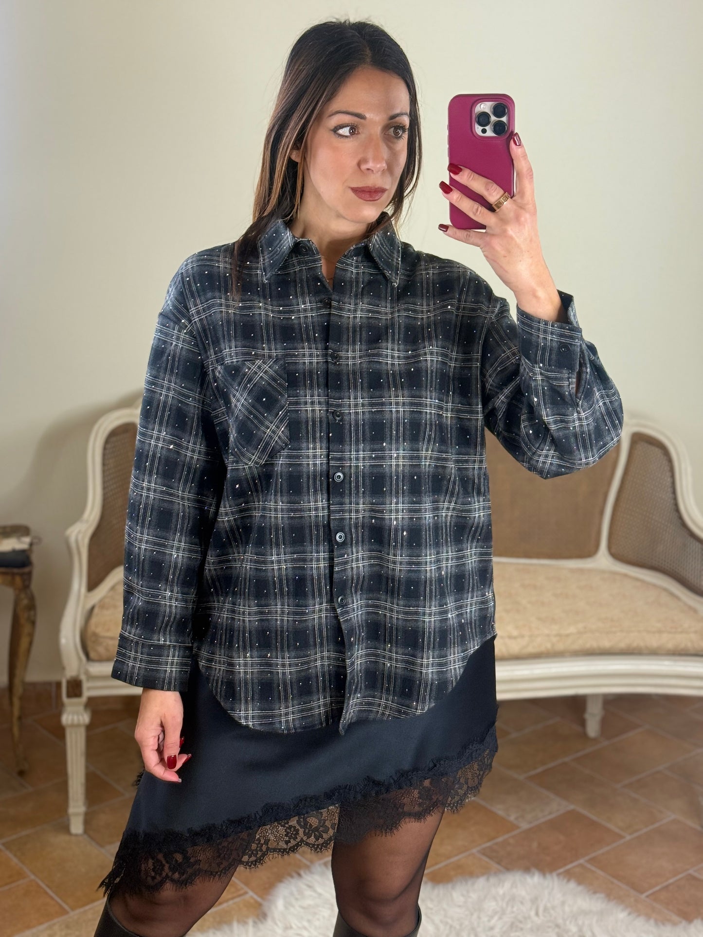 Camicia JOY quadri con punti luce NERO/BIANCO