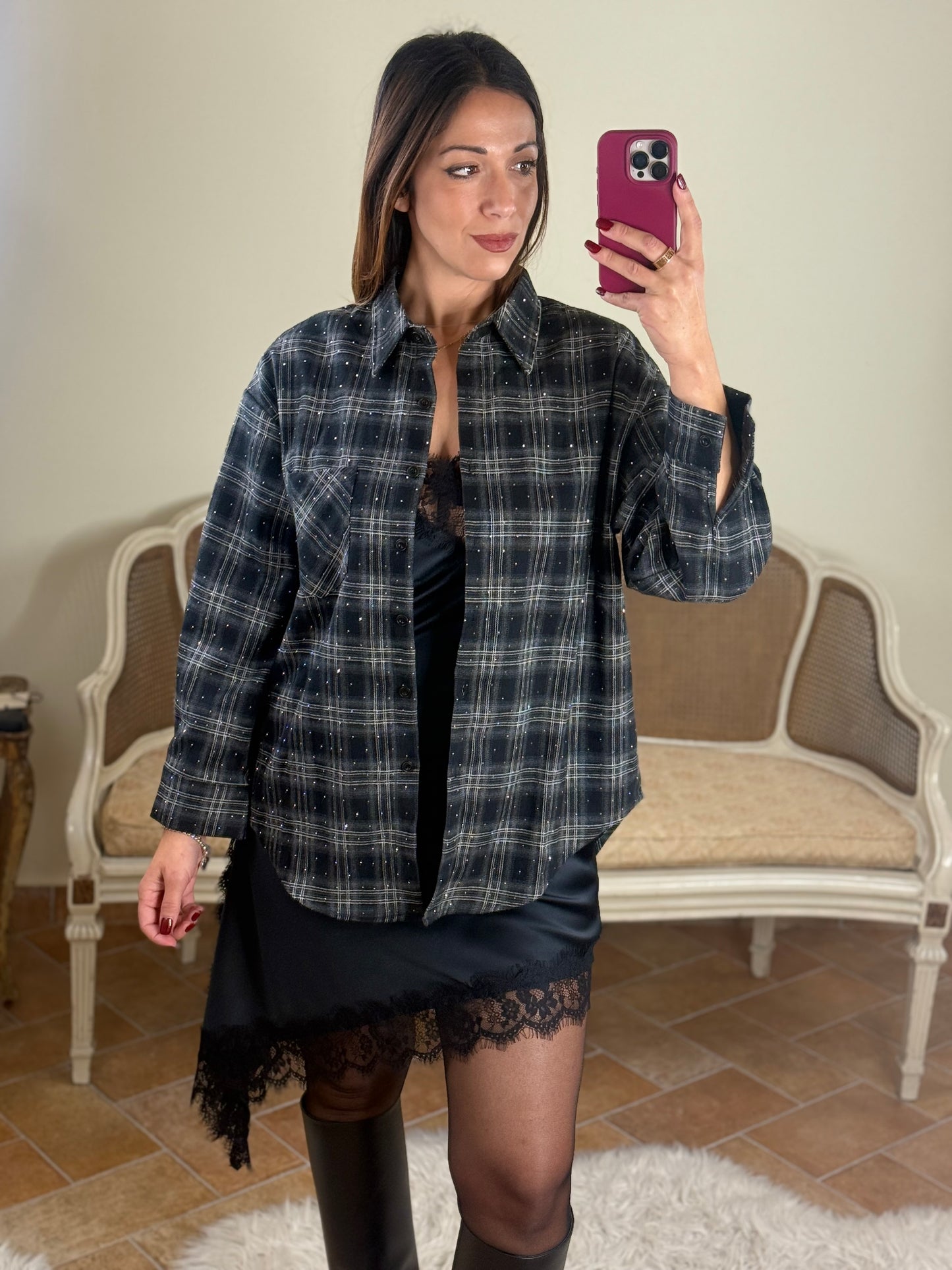 Camicia JOY quadri con punti luce NERO/BIANCO