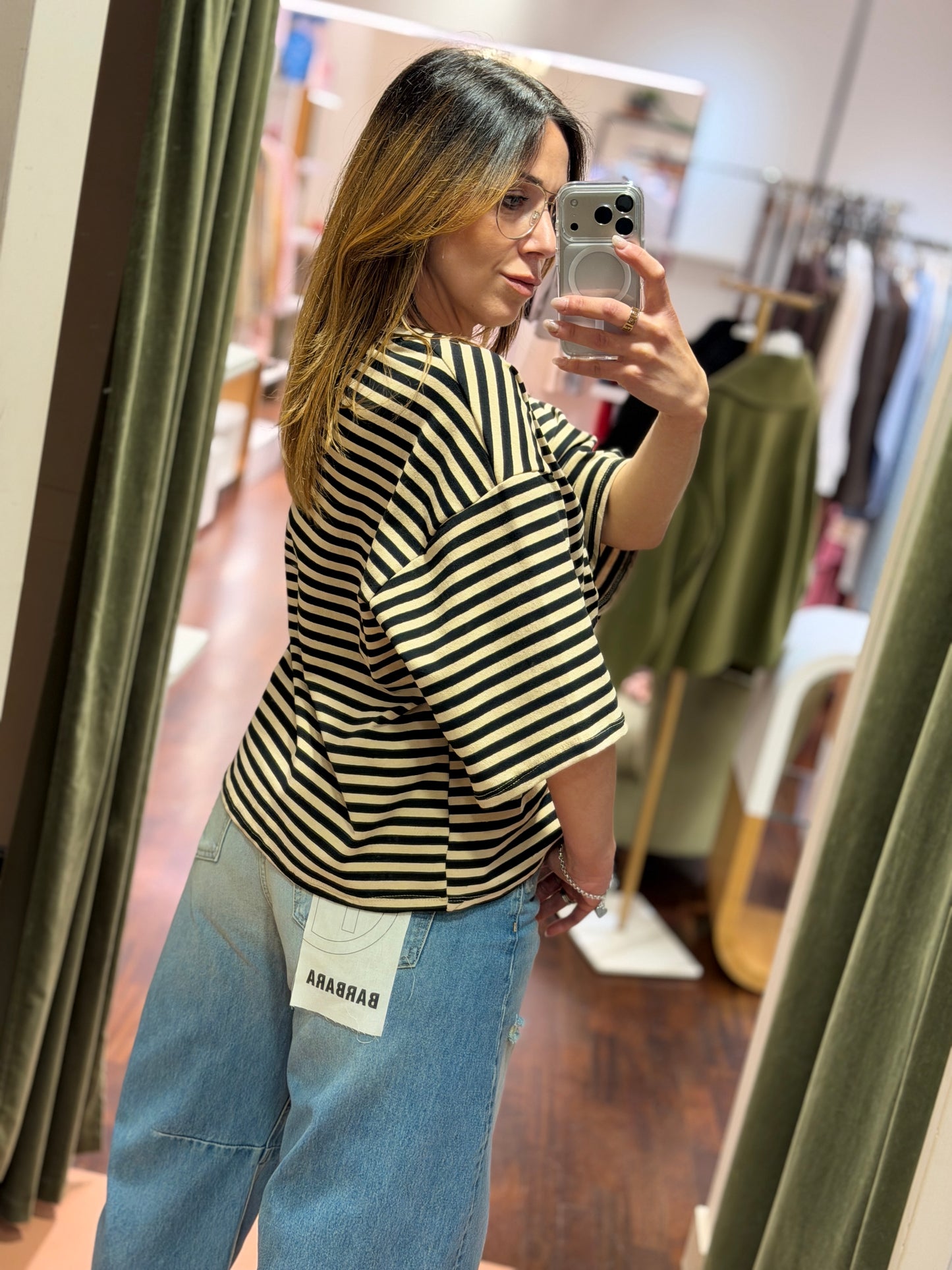T-shirt a righe manica 3/4 Burro/ Nero