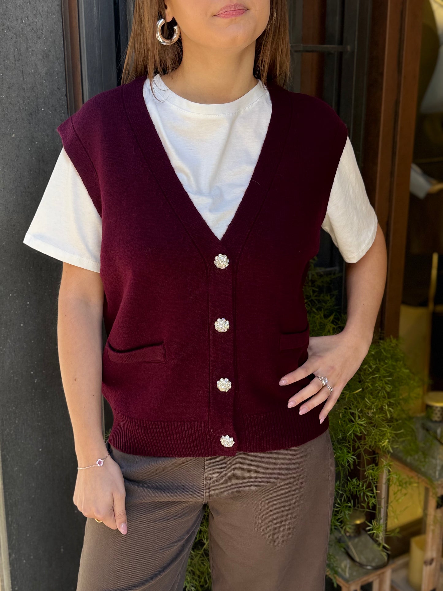 Gilet CELINE bottoni gioiello scollo a V BORDEAUX