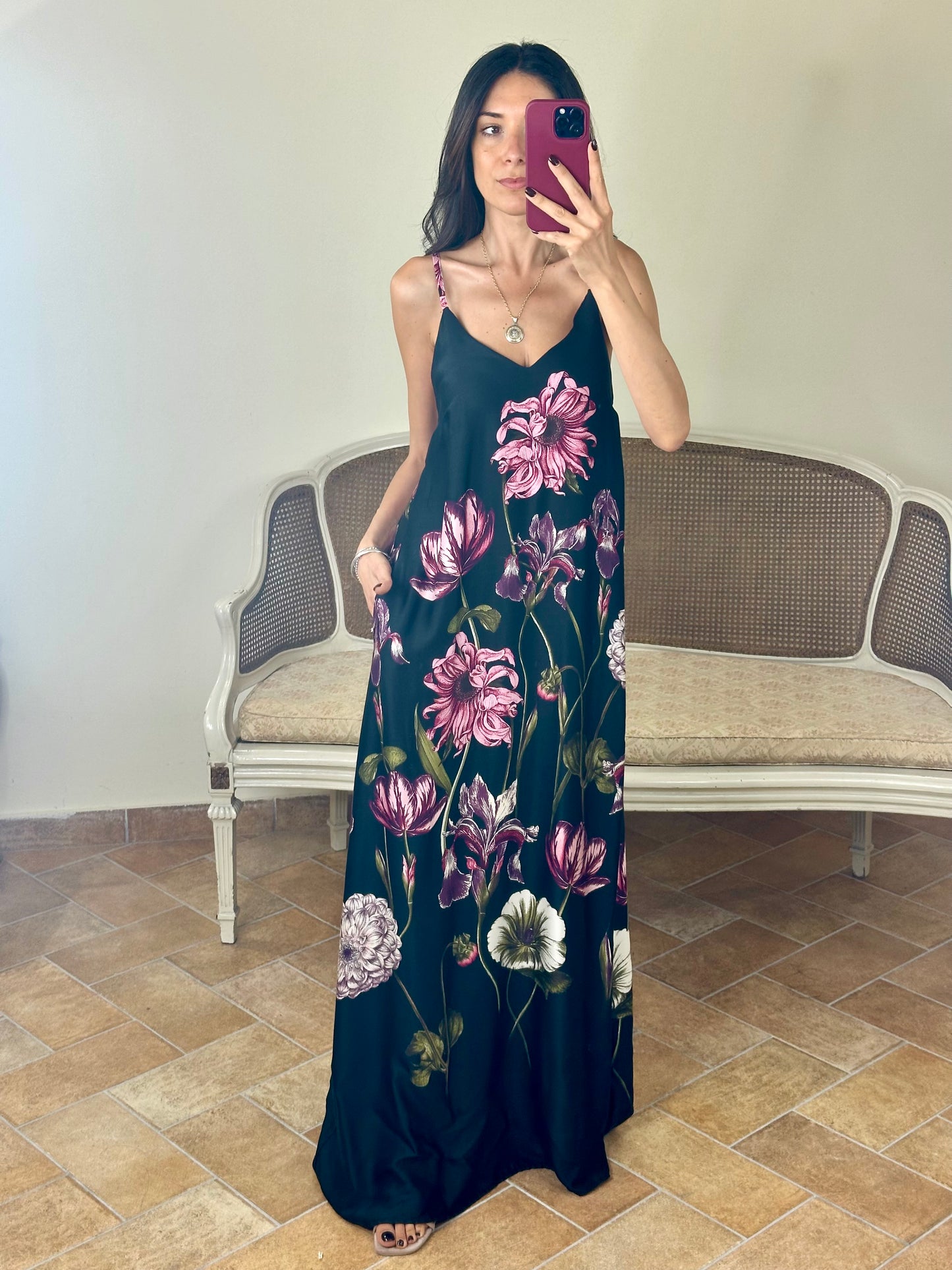 Abito lingerie NERO con stampa floreale