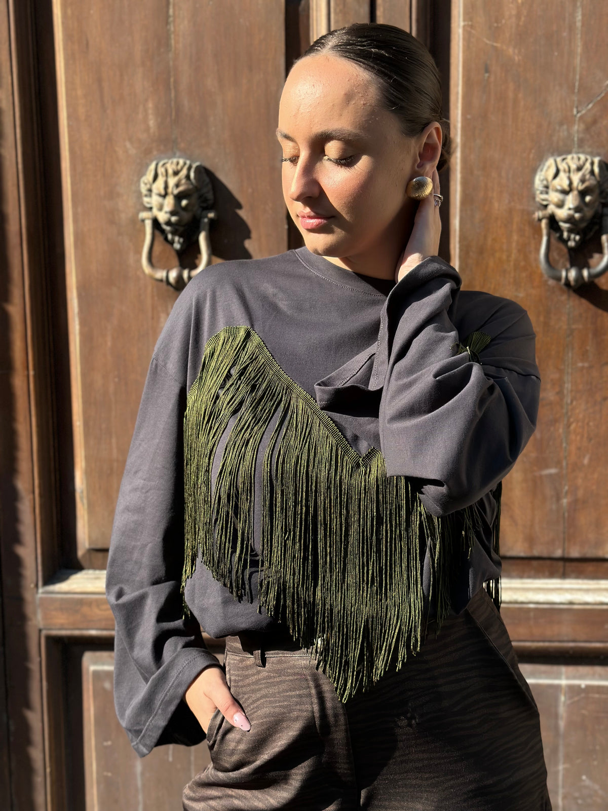 Tensione in maglia con frange ANTRACITE/MILITARE