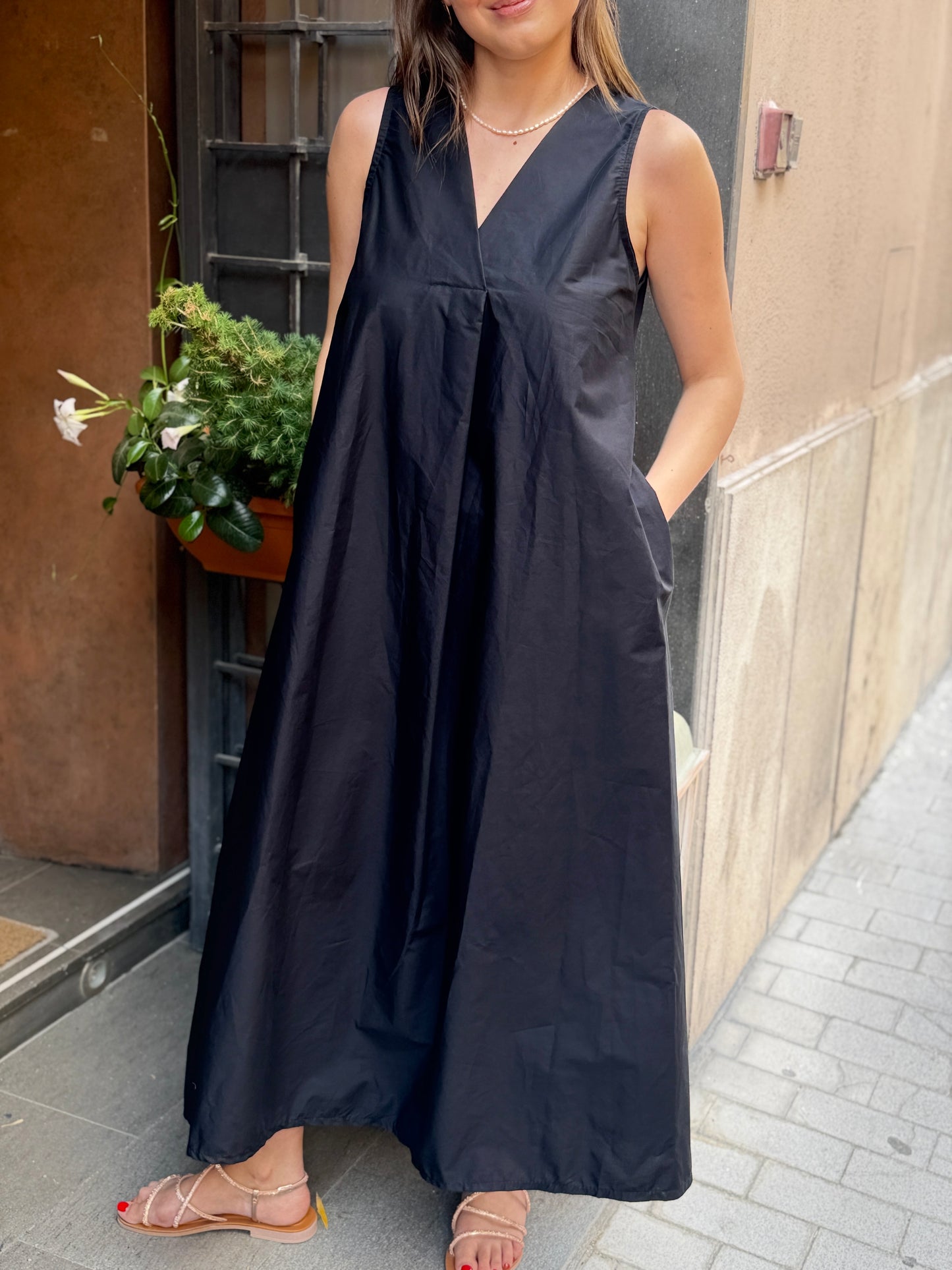 Abito lungo Maxi piega Nero e Burro