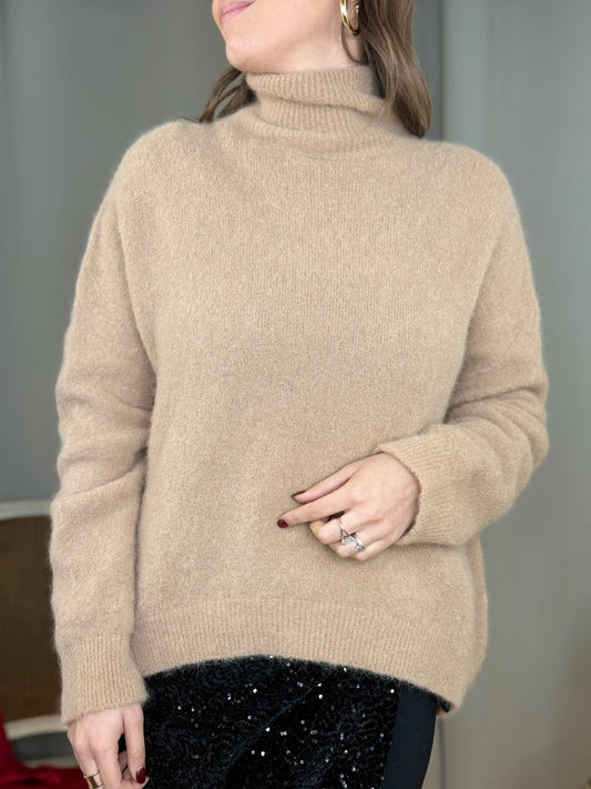 Maglia collo rialzato in baby alpaca TAUPE