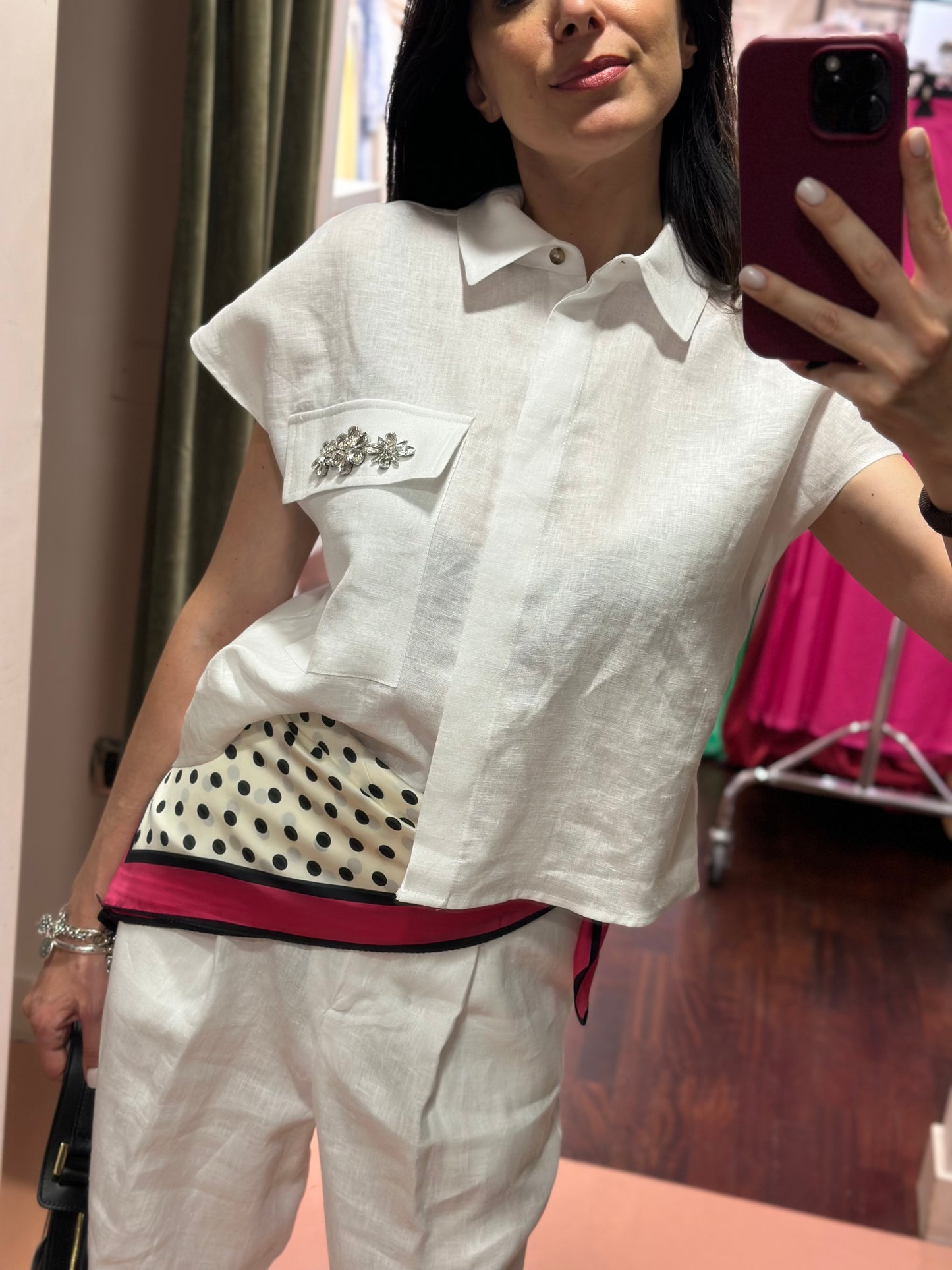 Tensione In - Camicia in lino taschino gioiello Bianca